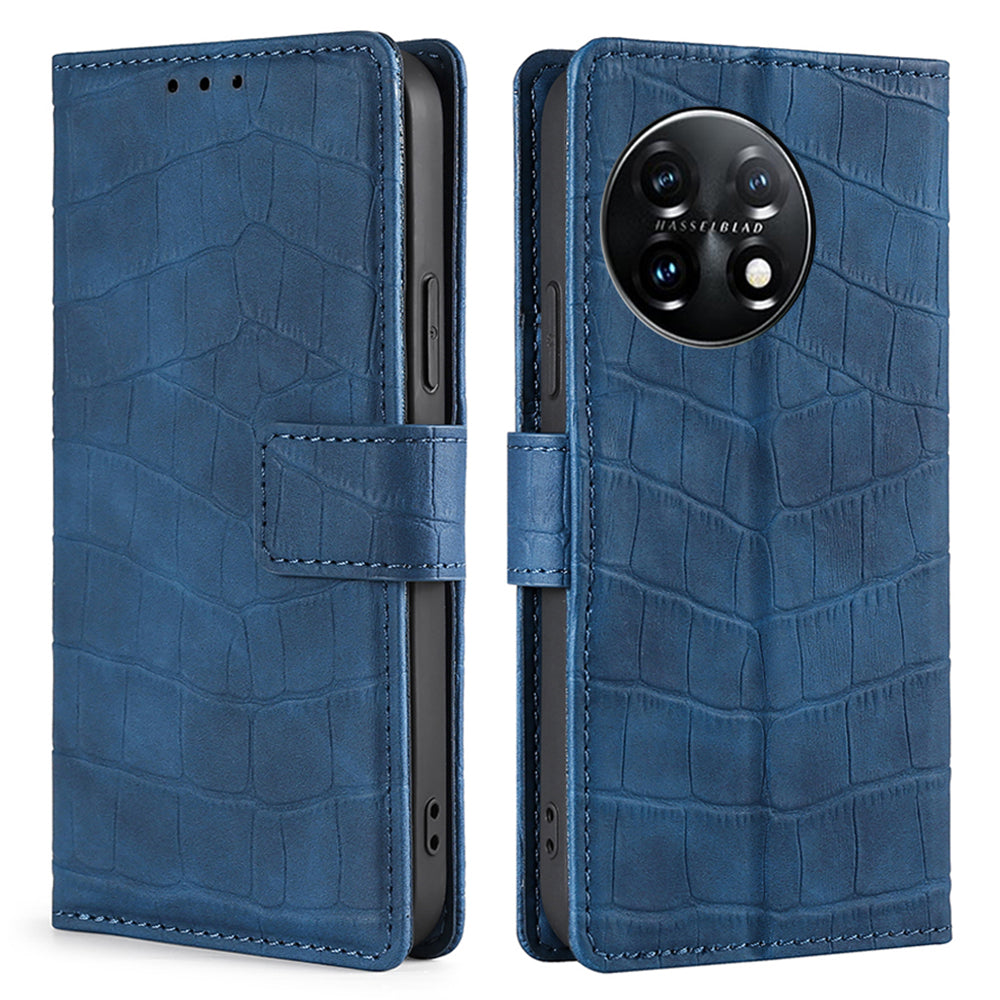 Skin-friendly Phone Case For OnePlus 11 5G, Wallet Stand Crocodile Texture PU Leather + TPU Anti-fall Cell Phone Cover - Blue