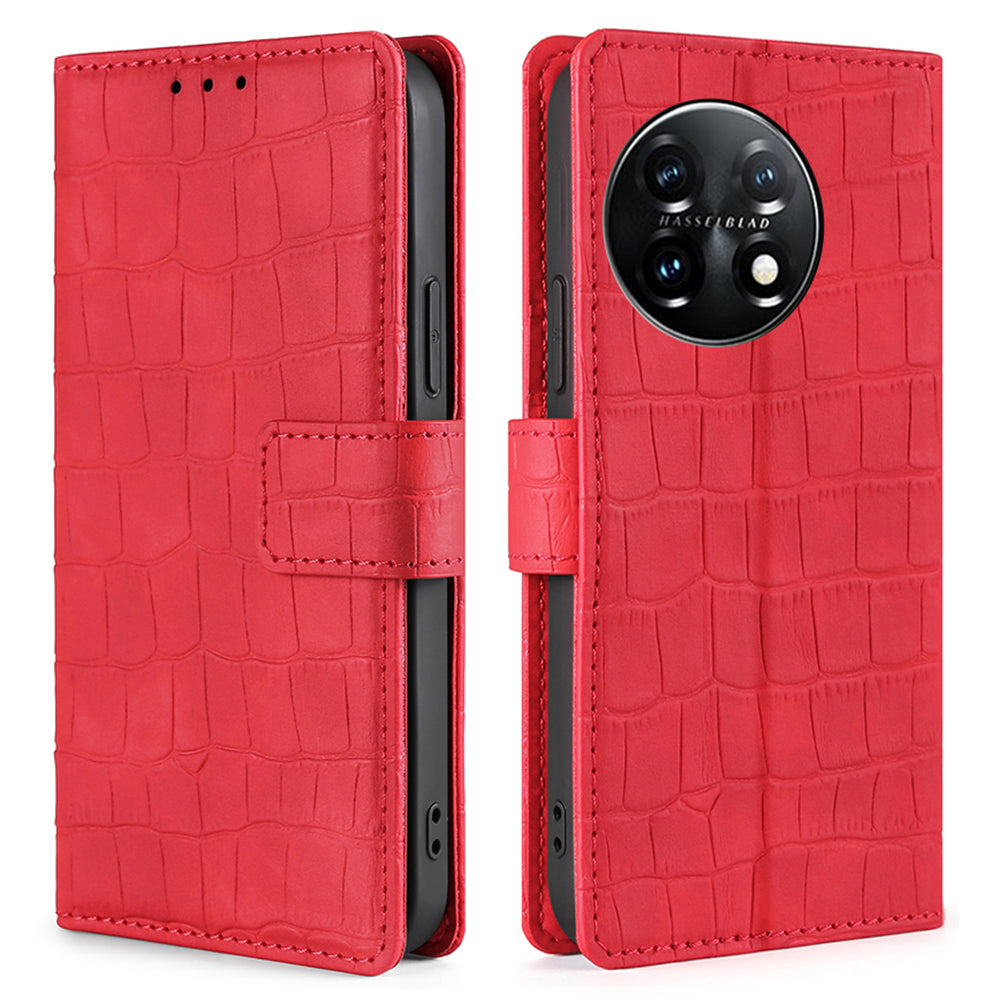 Skin-friendly Phone Case For OnePlus 11 5G, Wallet Stand Crocodile Texture PU Leather + TPU Anti-fall Cell Phone Cover - Red