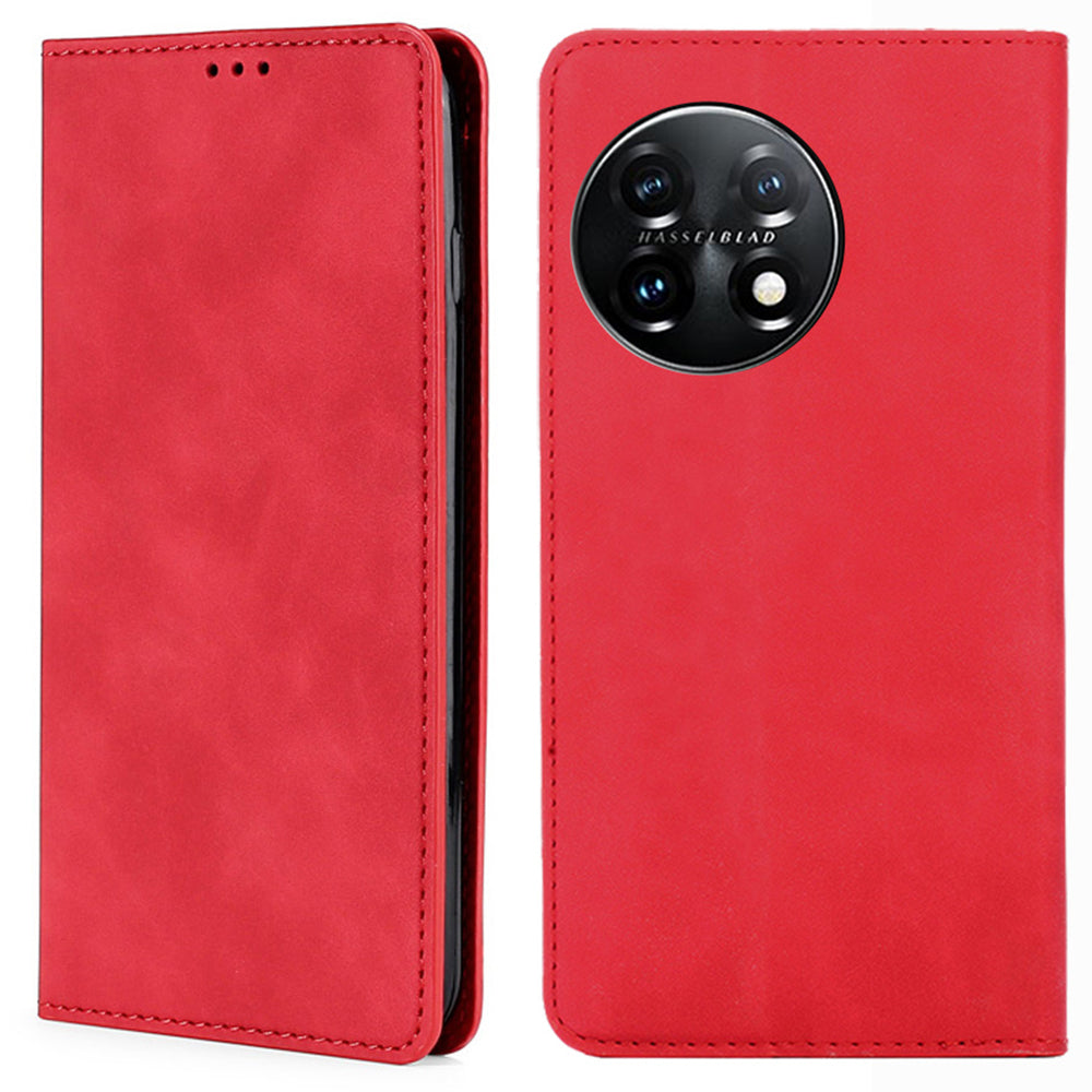 For OnePlus 11 5G Shockproof Cell Phone Cover Card Slot Stand Skin-friendly Flip Leather Phone Case - Red
