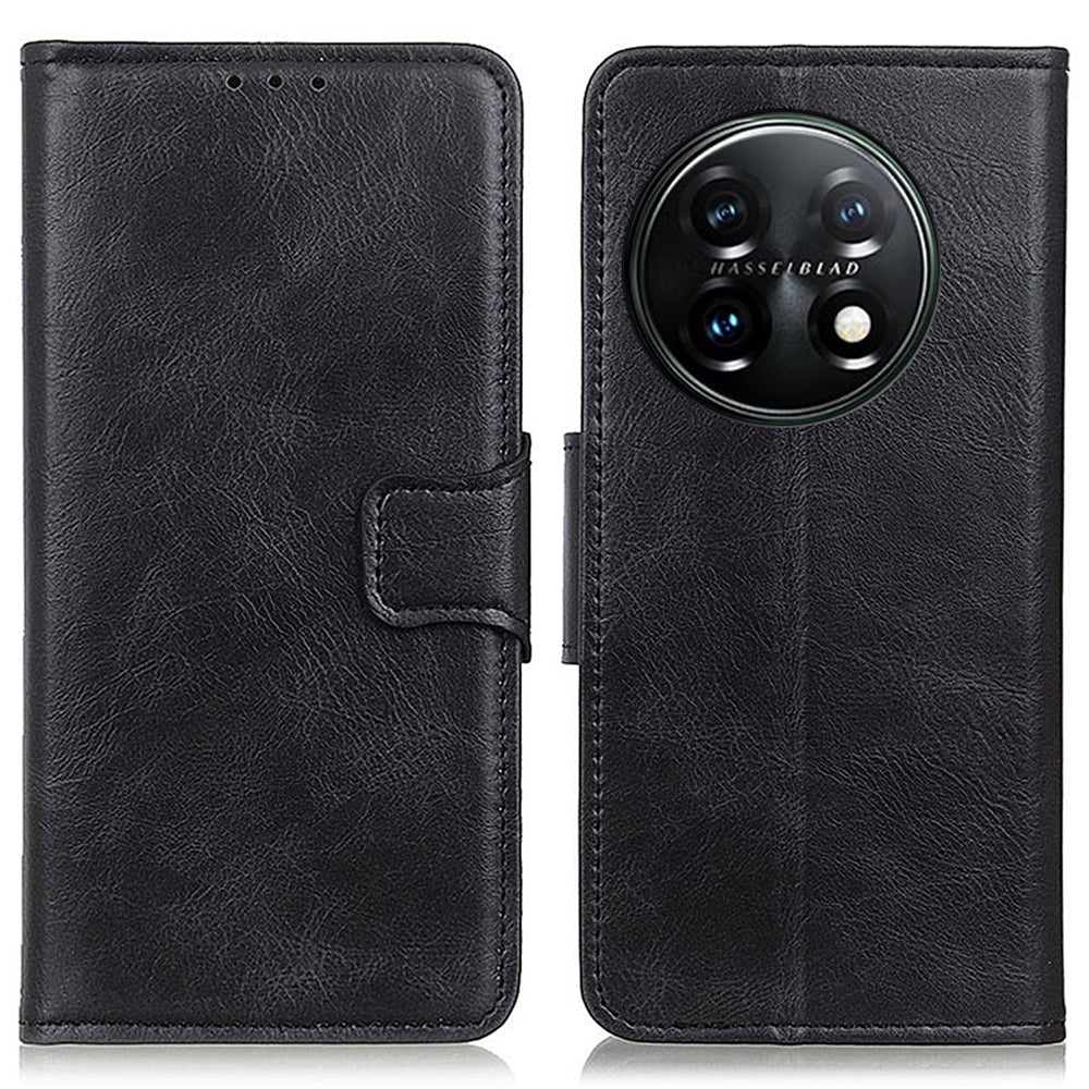 For OnePlus 11 5G Crazy Horse Texture Scratch-resistant Phone Case Wallet Stand PU Leather Cell Phone Cover - Black
