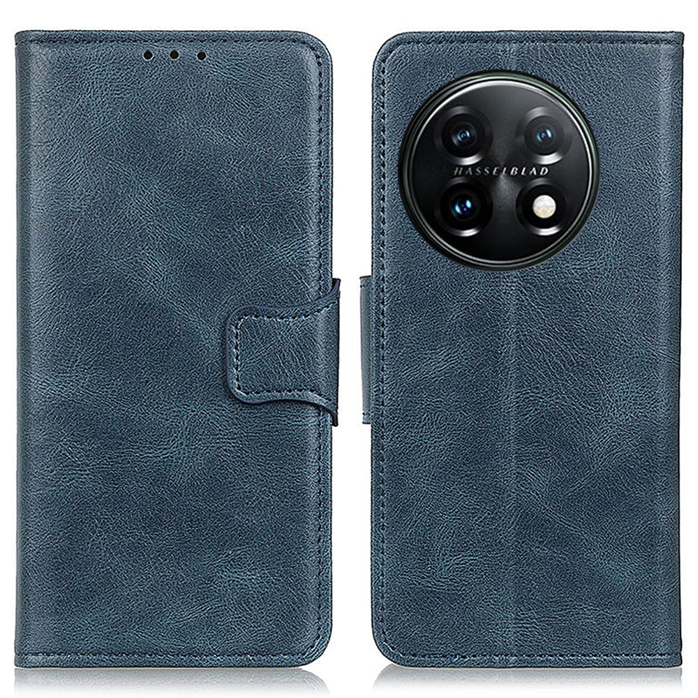 For OnePlus 11 5G Crazy Horse Texture Scratch-resistant Phone Case Wallet Stand PU Leather Cell Phone Cover - Blue