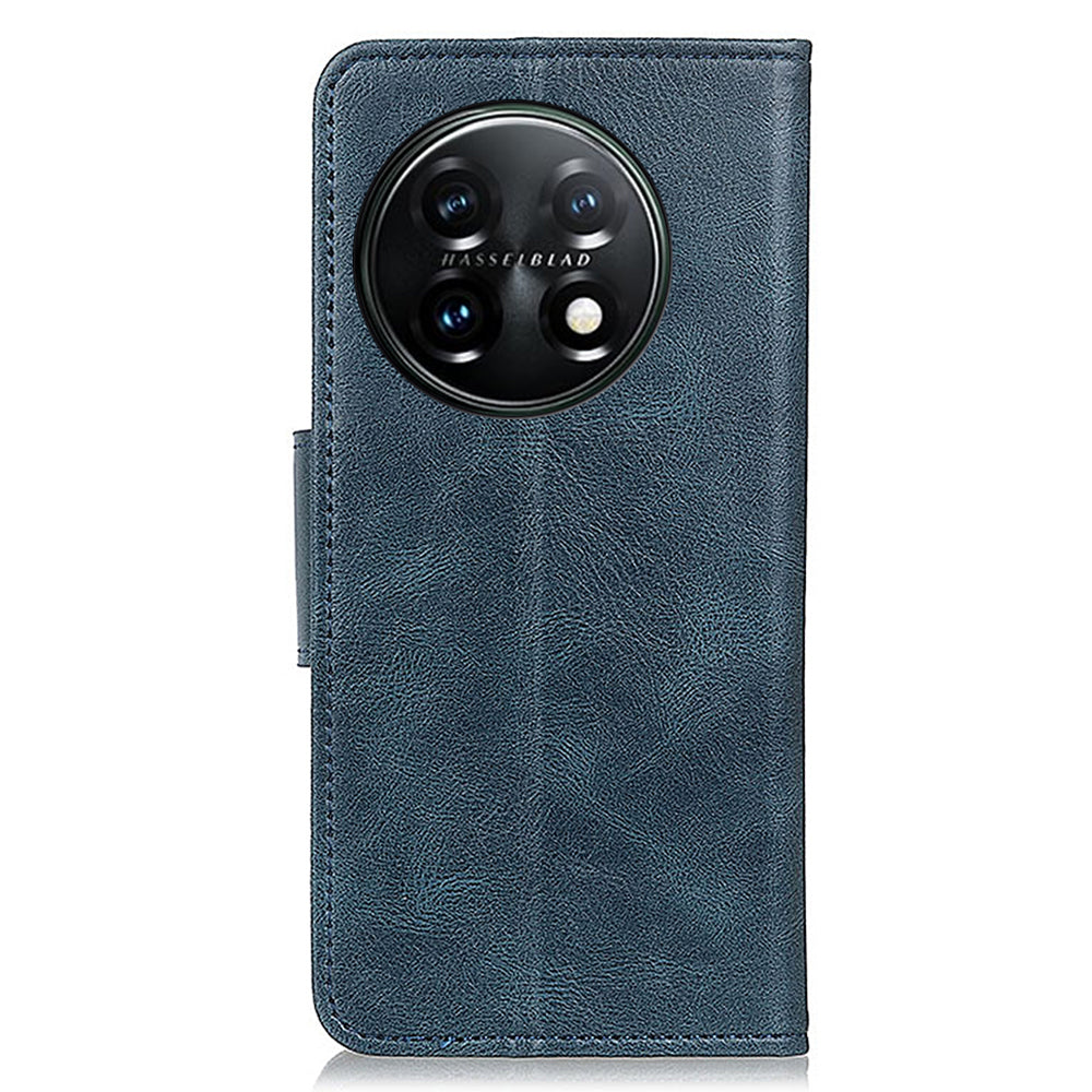 For OnePlus 11 5G Crazy Horse Texture Scratch-resistant Phone Case Wallet Stand PU Leather Cell Phone Cover - Blue