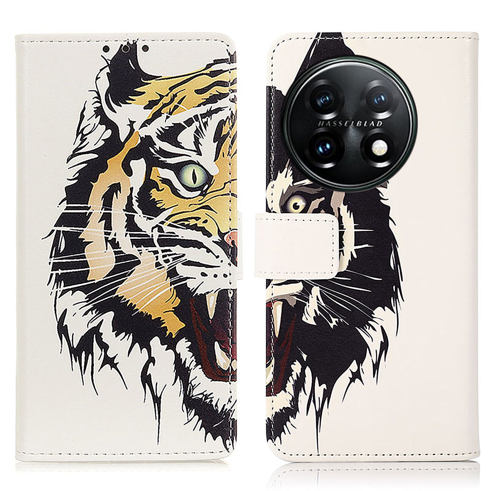 For OnePlus 11 5G Pattern Printing Phone Case PU Leather Stand Wallet Flip Cover - Tiger