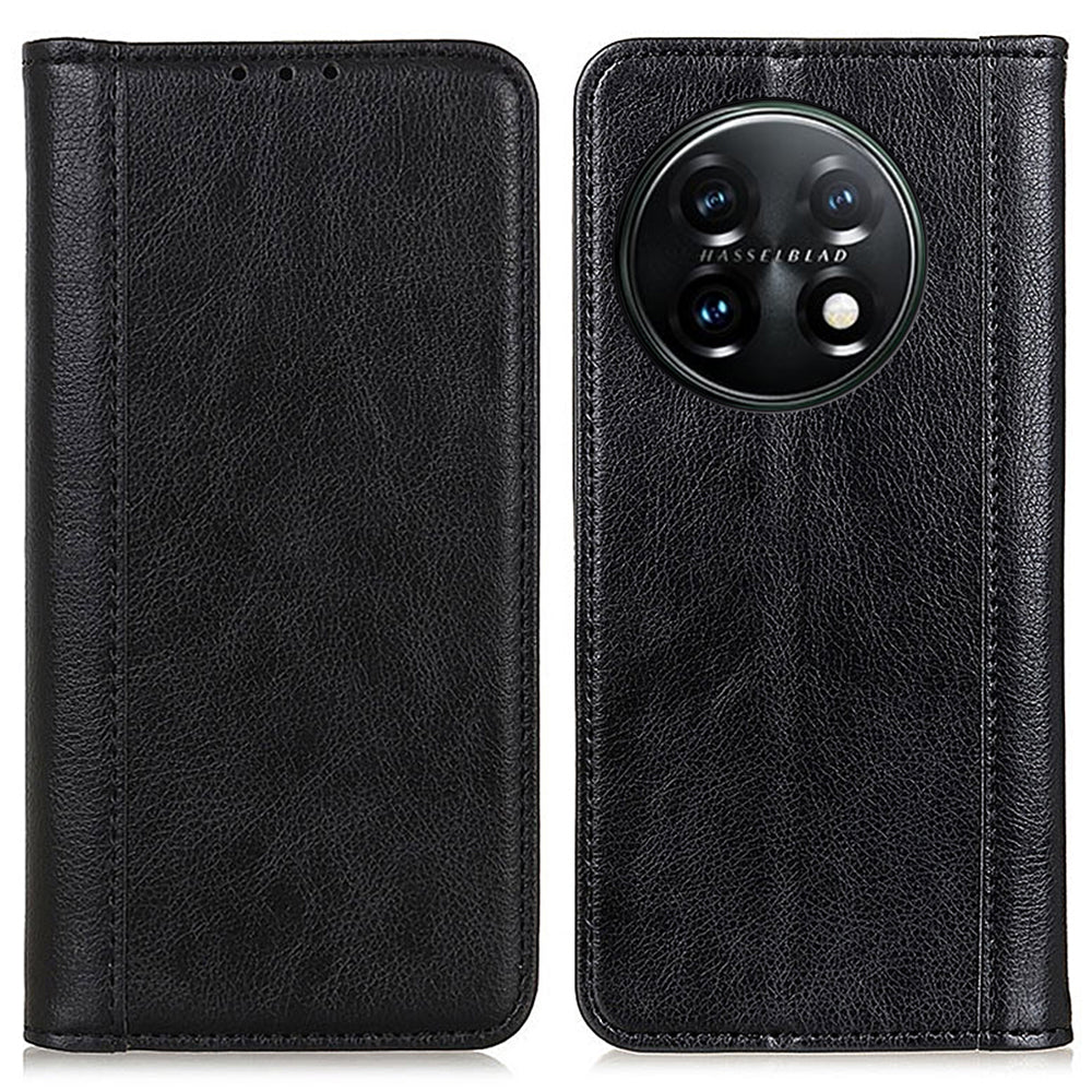 For OnePlus 11 5G Split Leather Stand Phone Case Litchi Texture Wallet Protection Cover - Black