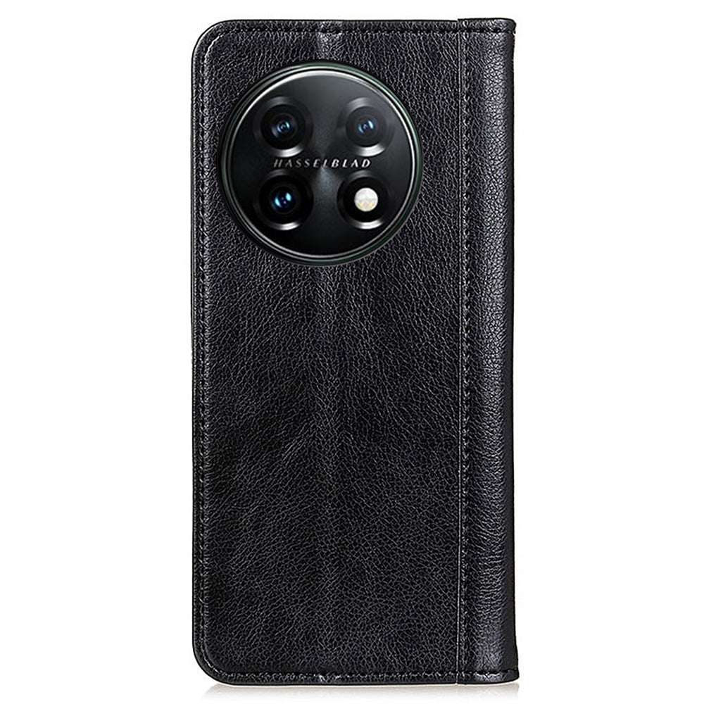 For OnePlus 11 5G Split Leather Stand Phone Case Litchi Texture Wallet Protection Cover - Black