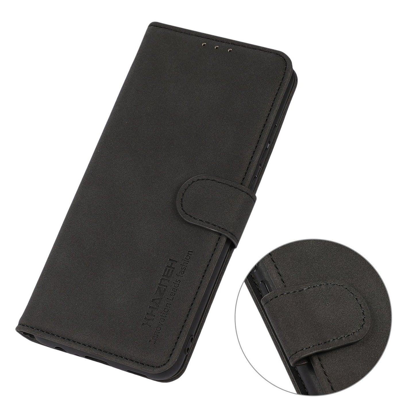 KHAZNEH PU Leather Phone Case for OnePlus 11 5G Textured Magnetic Clasp Stand Wallet Cover - Black
