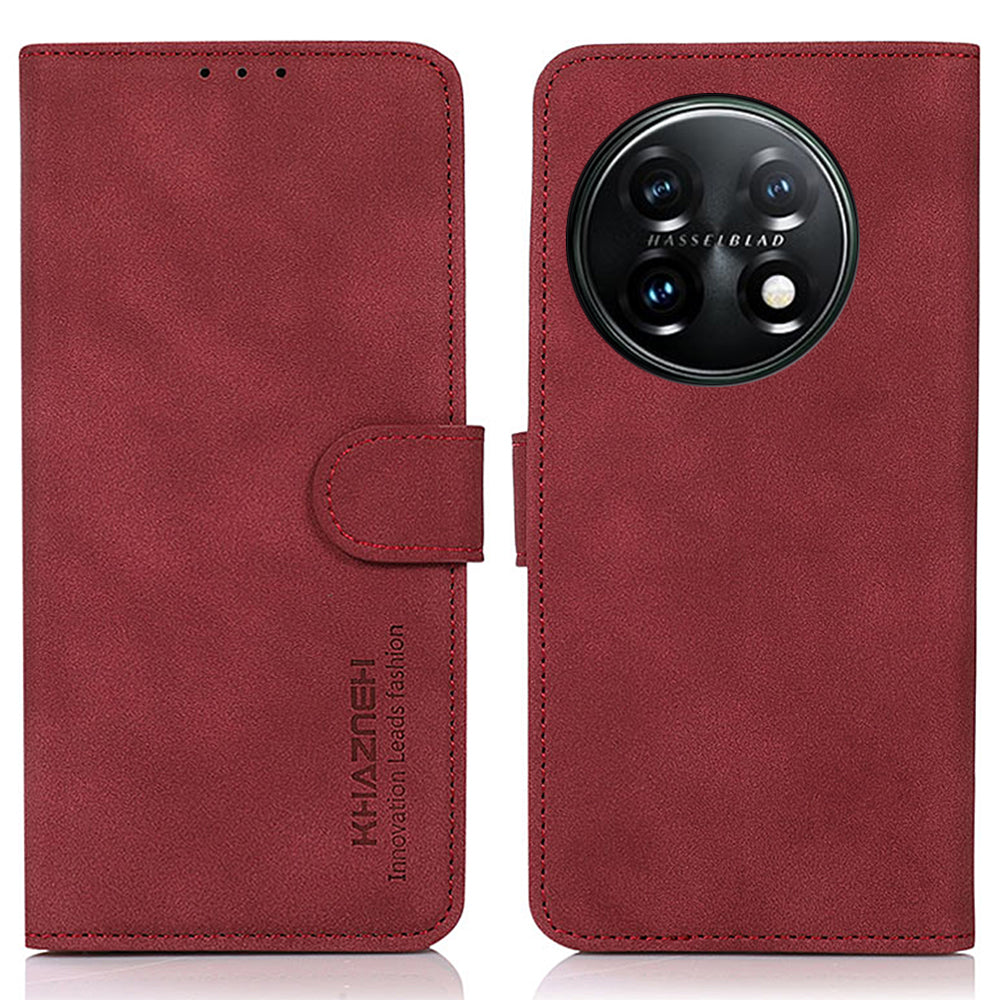 KHAZNEH PU Leather Phone Case for OnePlus 11 5G Textured Magnetic Clasp Stand Wallet Cover - Red