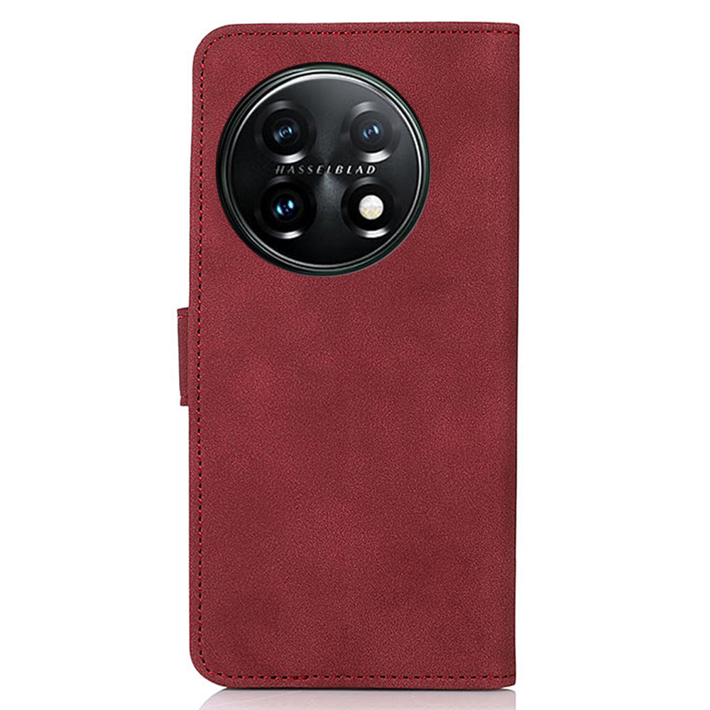 KHAZNEH PU Leather Phone Case for OnePlus 11 5G Textured Magnetic Clasp Stand Wallet Cover - Red