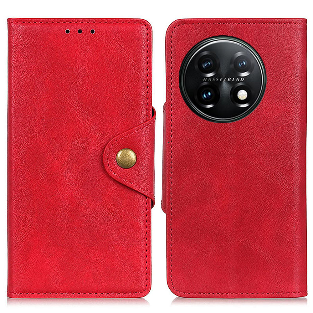 Flip Cover for OnePlus 11 5G Magnetic Brass Buckle PU Leather Wallet Cover Stand Phone Case - Red