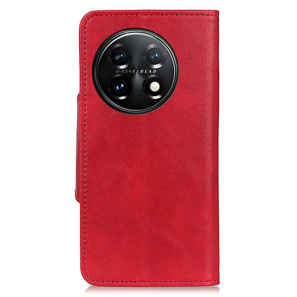 Flip Cover for OnePlus 11 5G Magnetic Brass Buckle PU Leather Wallet Cover Stand Phone Case - Red