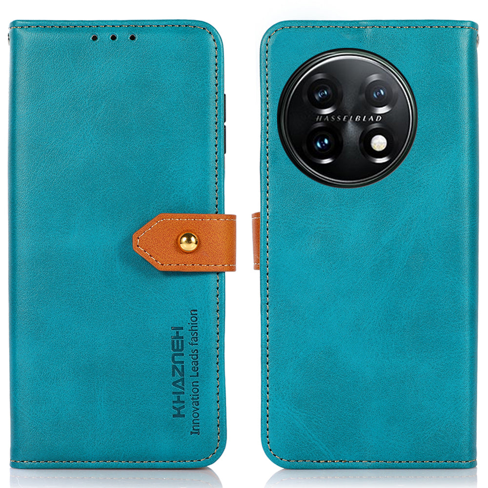 KHAZNEH For OnePlus 11 5G Cowhide Texture PU Leather Phone Case Gold Buckle Stand Wallet Flip Protective Cover - Blue