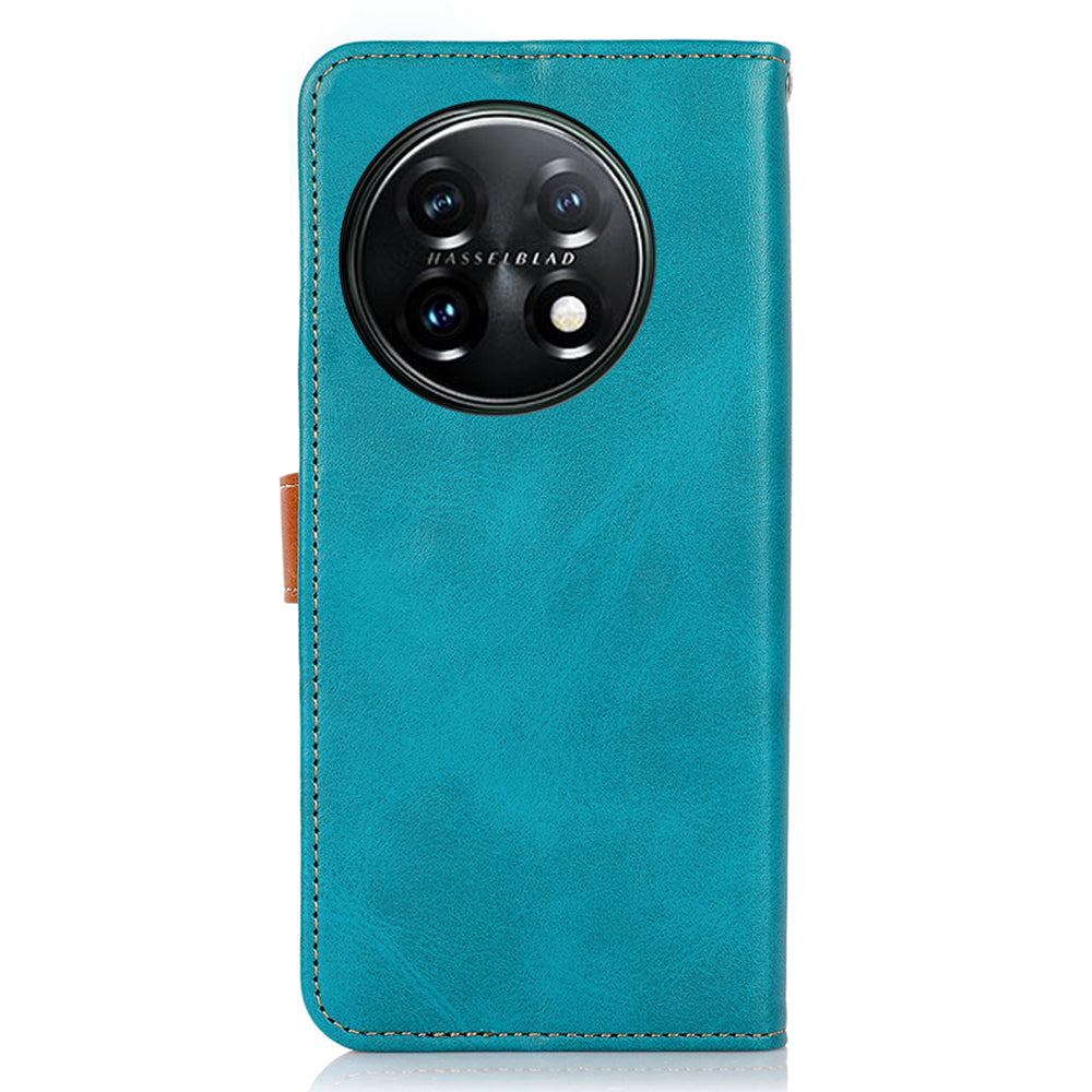 KHAZNEH For OnePlus 11 5G Cowhide Texture PU Leather Phone Case Gold Buckle Stand Wallet Flip Protective Cover - Blue