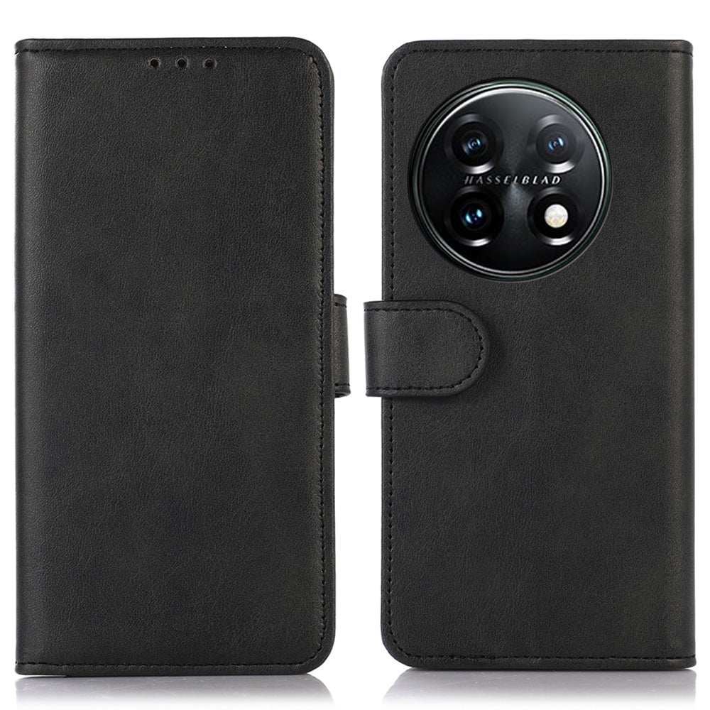 For OnePlus 11 5G Cowhide Texture PU Leather Stand Case Anti-drop Phone Wallet Cover - Black