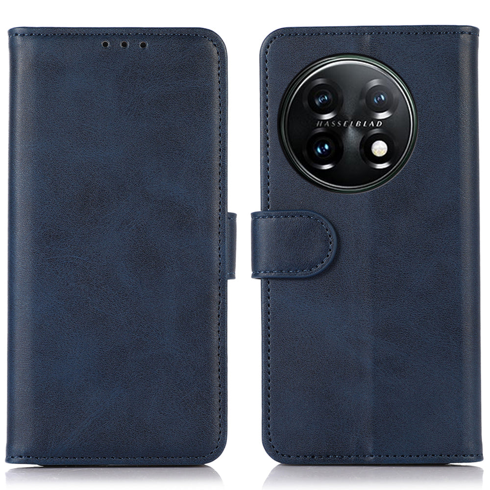 For OnePlus 11 5G Cowhide Texture PU Leather Stand Case Anti-drop Phone Wallet Cover - Blue