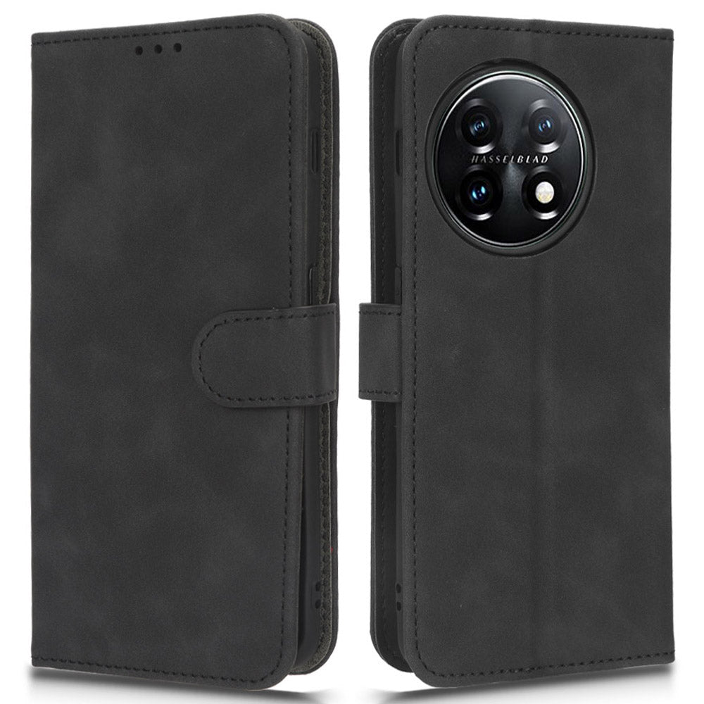 For OnePlus 11 5G Skin-touch Feeling Phone Leather Case Wallet Stand Cell Phone Cover - Black