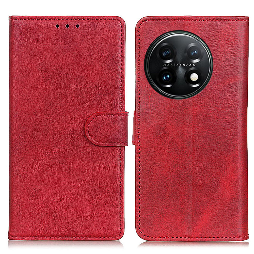 For OnePlus 11 5G Cowhide Texture Wallet Stand PU Leather Phone Case Magnetic Clasp Anti-Scratch Cover - Red