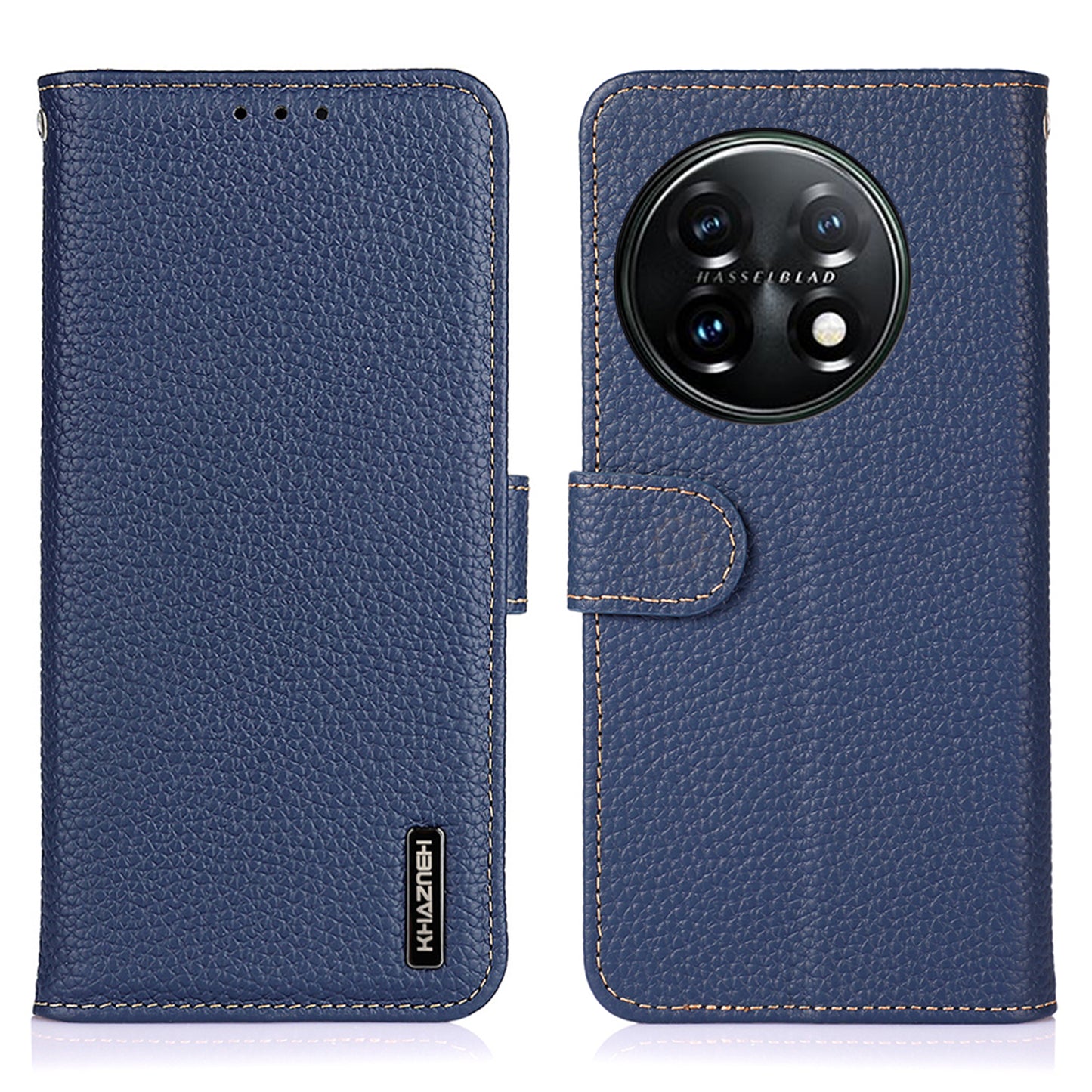 KHAZNEH For OnePlus 11 5G Genuine Leather Flip Phone Wallet Cover Litchi Texture Stand Anti-drop Phone Case - Blue