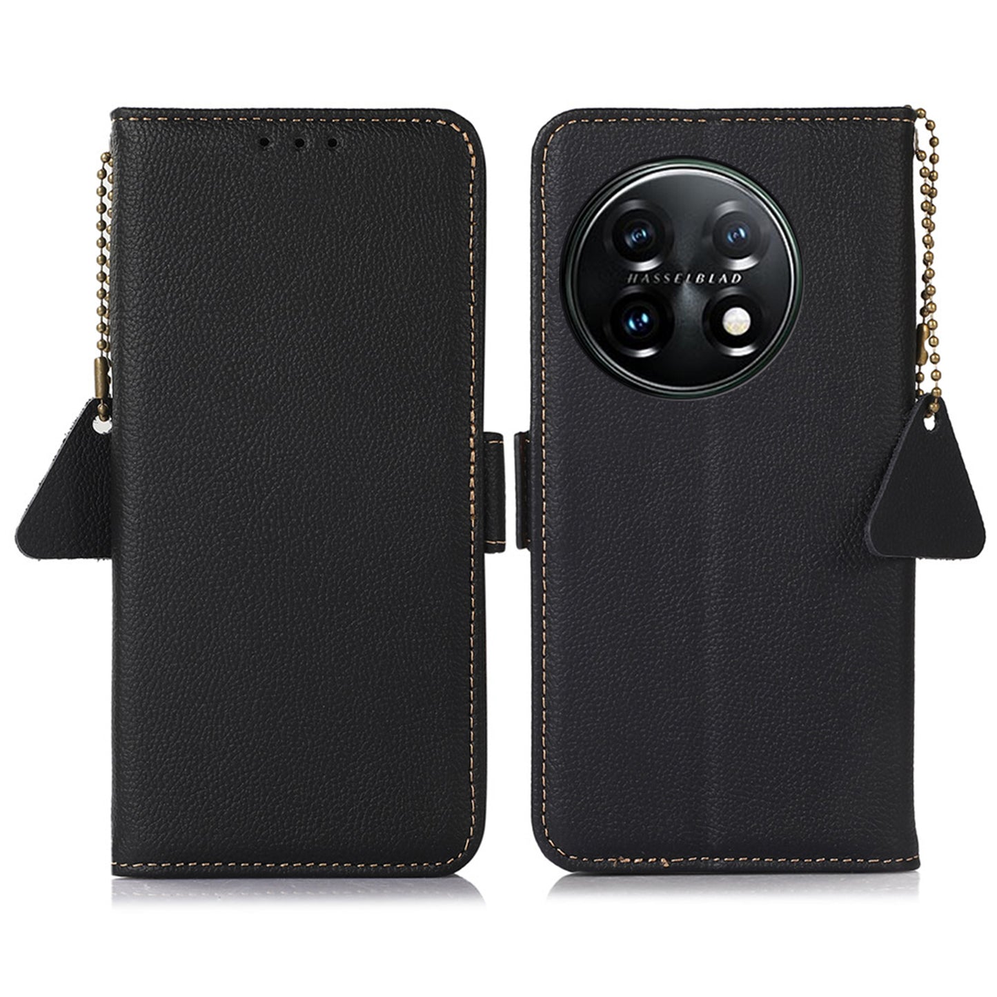 TJ Drop-proof Cell Phone Case for OnePlus 11 5G, Genuine Cowhide Leather RFID Blocking Anti-scratch Phone Cover with Wallet Stand - Black