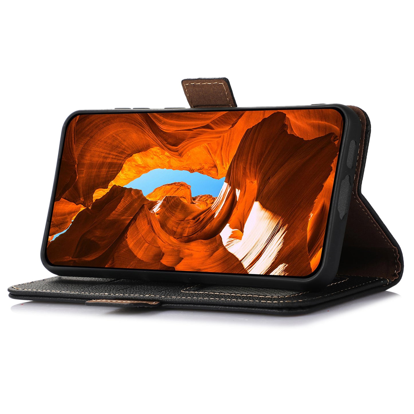 TJ Drop-proof Cell Phone Case for OnePlus 11 5G, Genuine Cowhide Leather RFID Blocking Anti-scratch Phone Cover with Wallet Stand - Black