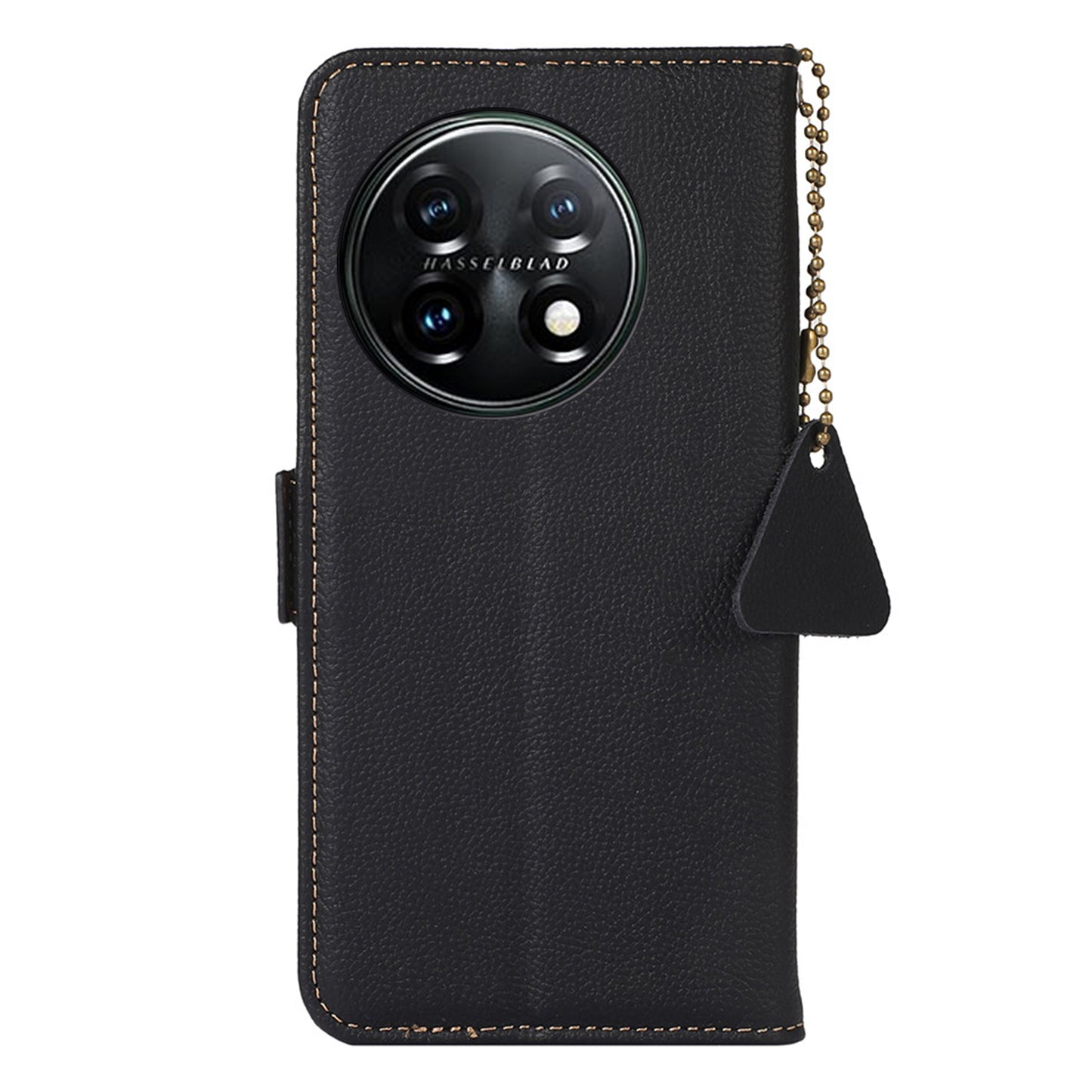 TJ Drop-proof Cell Phone Case for OnePlus 11 5G, Genuine Cowhide Leather RFID Blocking Anti-scratch Phone Cover with Wallet Stand - Black