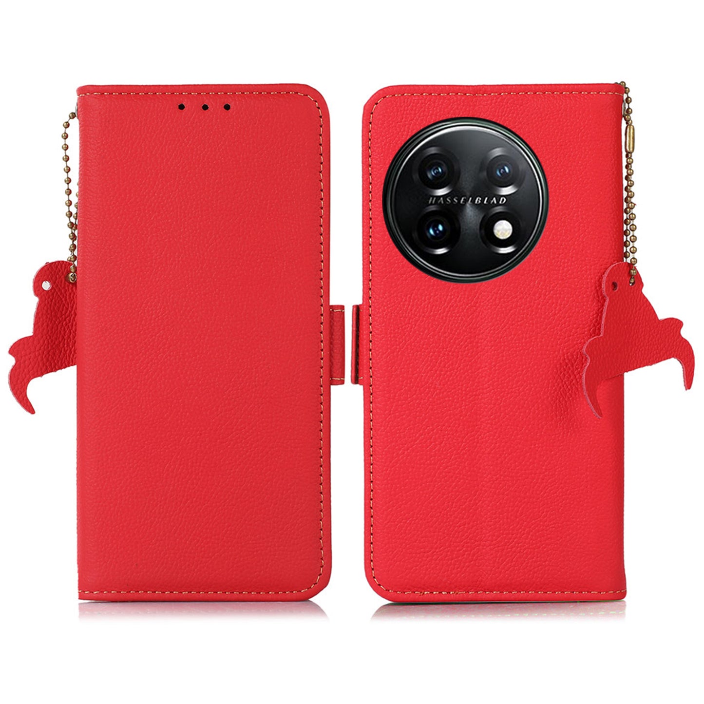 TJ Drop-proof Cell Phone Case for OnePlus 11 5G, Genuine Cowhide Leather RFID Blocking Anti-scratch Phone Cover with Wallet Stand - Red