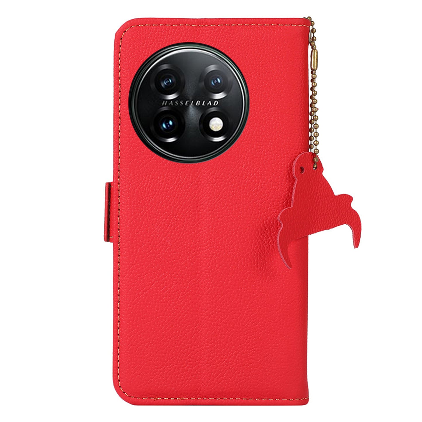TJ Drop-proof Cell Phone Case for OnePlus 11 5G, Genuine Cowhide Leather RFID Blocking Anti-scratch Phone Cover with Wallet Stand - Red