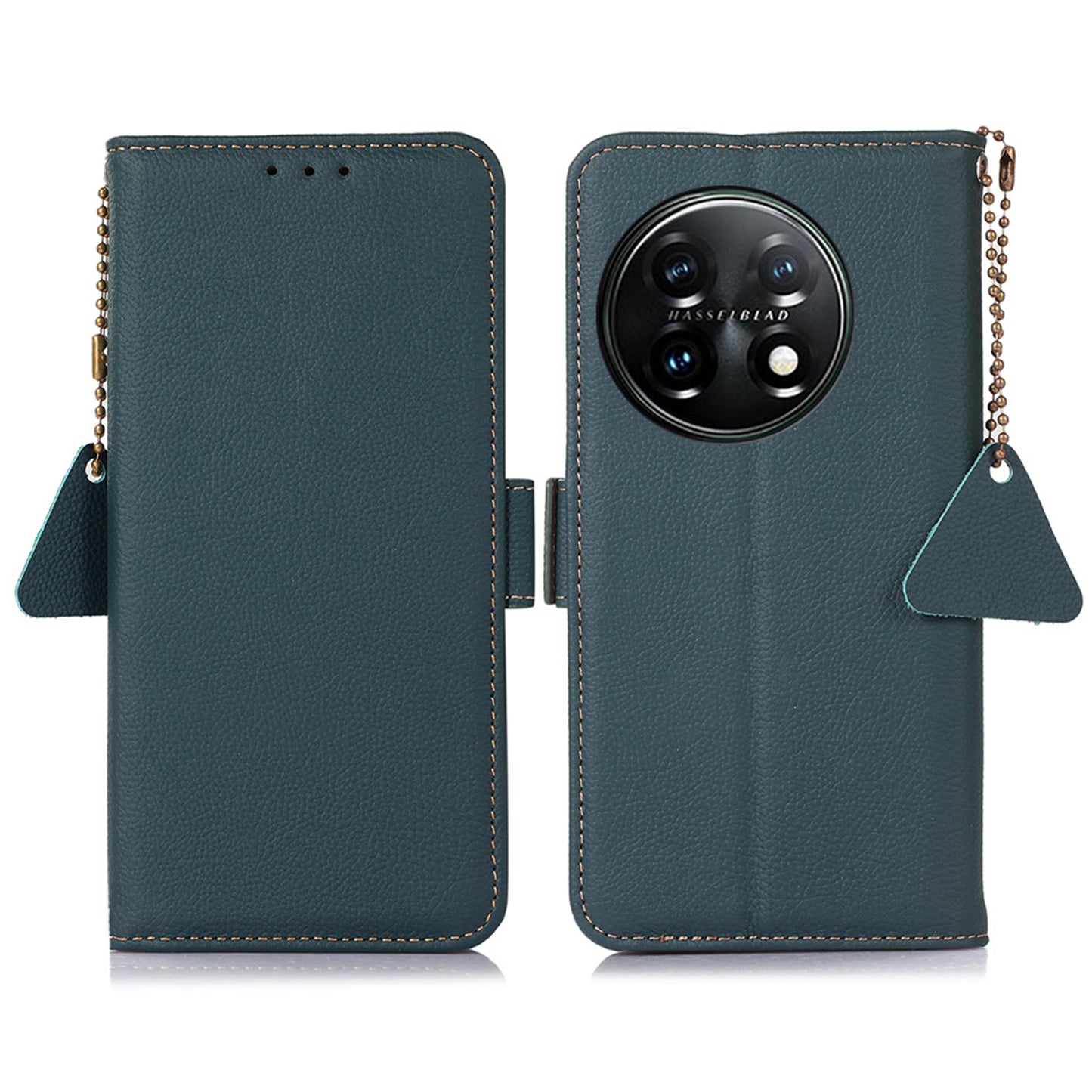 TJ Drop-proof Cell Phone Case for OnePlus 11 5G, Genuine Cowhide Leather RFID Blocking Anti-scratch Phone Cover with Wallet Stand - Green