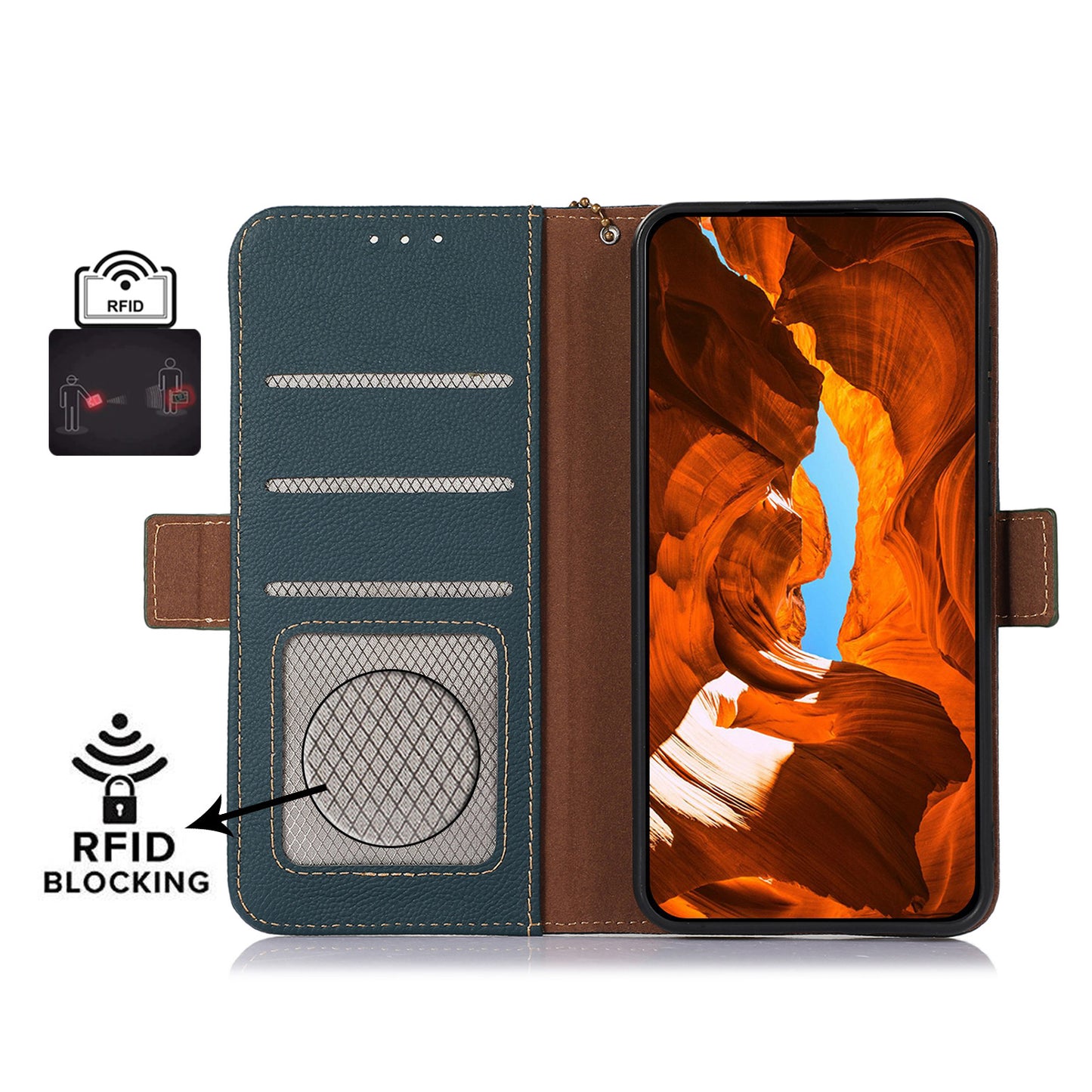 TJ Drop-proof Cell Phone Case for OnePlus 11 5G, Genuine Cowhide Leather RFID Blocking Anti-scratch Phone Cover with Wallet Stand - Green