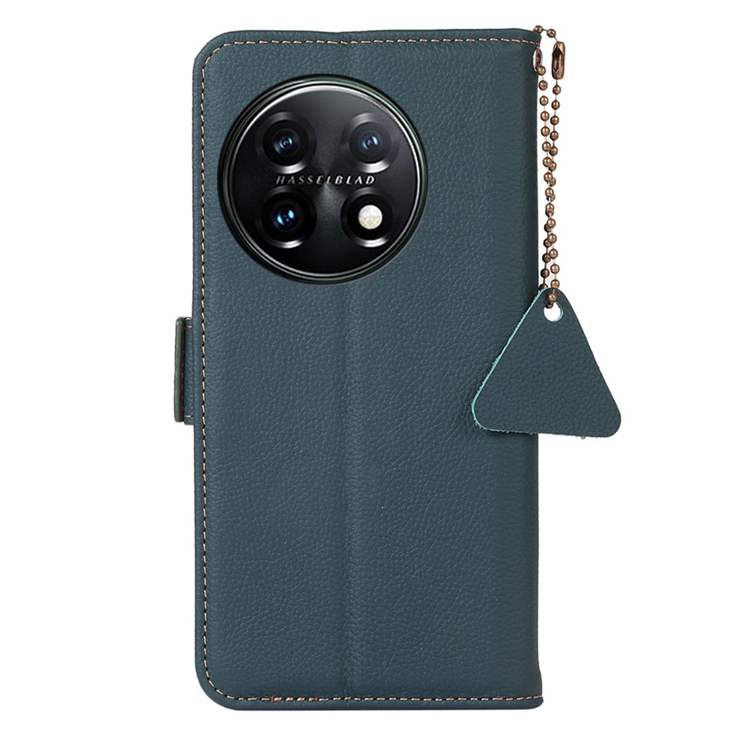 TJ Drop-proof Cell Phone Case for OnePlus 11 5G, Genuine Cowhide Leather RFID Blocking Anti-scratch Phone Cover with Wallet Stand - Green