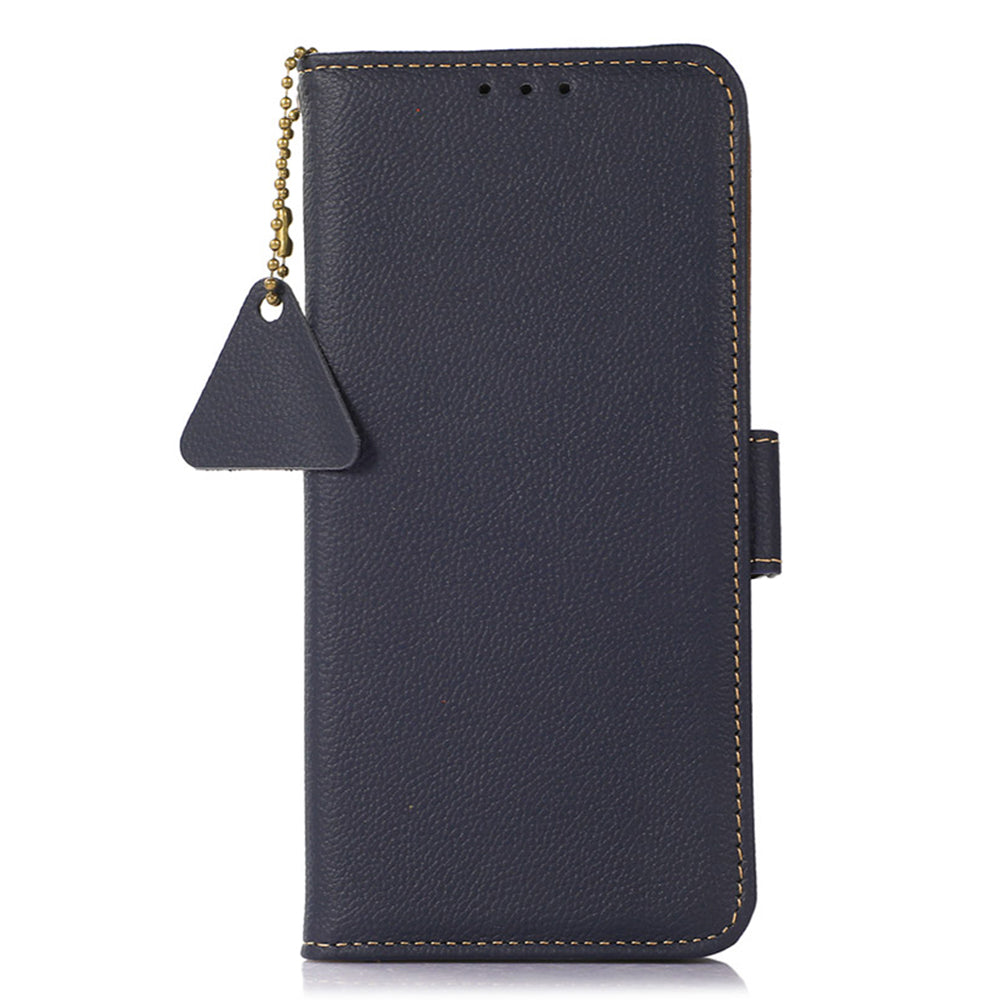 TJ Drop-proof Cell Phone Case for OnePlus 11 5G, Genuine Cowhide Leather RFID Blocking Anti-scratch Phone Cover with Wallet Stand - Blue