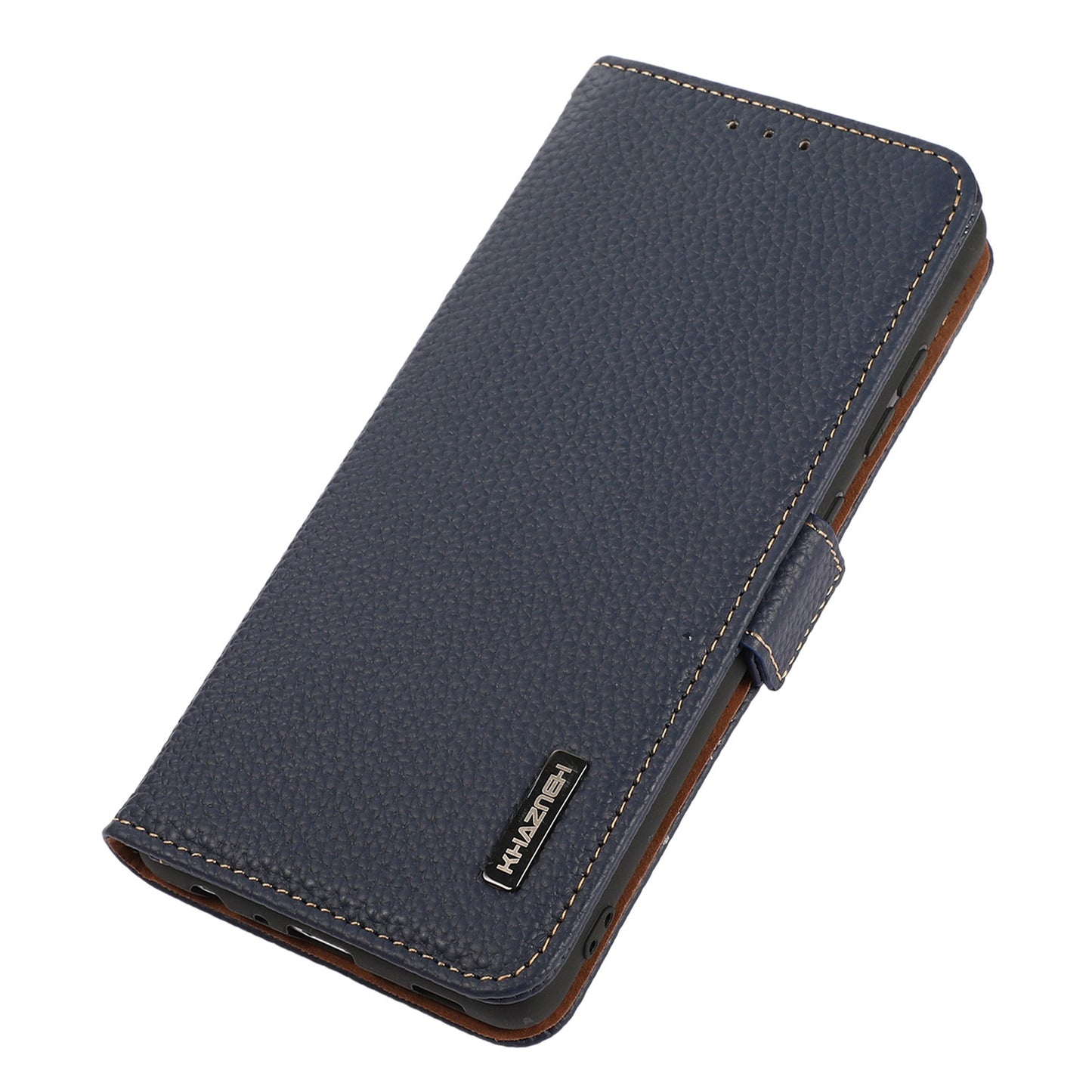 KHAZNEH Phone Case for OnePlus 11 5G RFID Blocking Stand Wallet Litchi Texture Genuine Leather Shockproof Flip Phone Cover - Blue