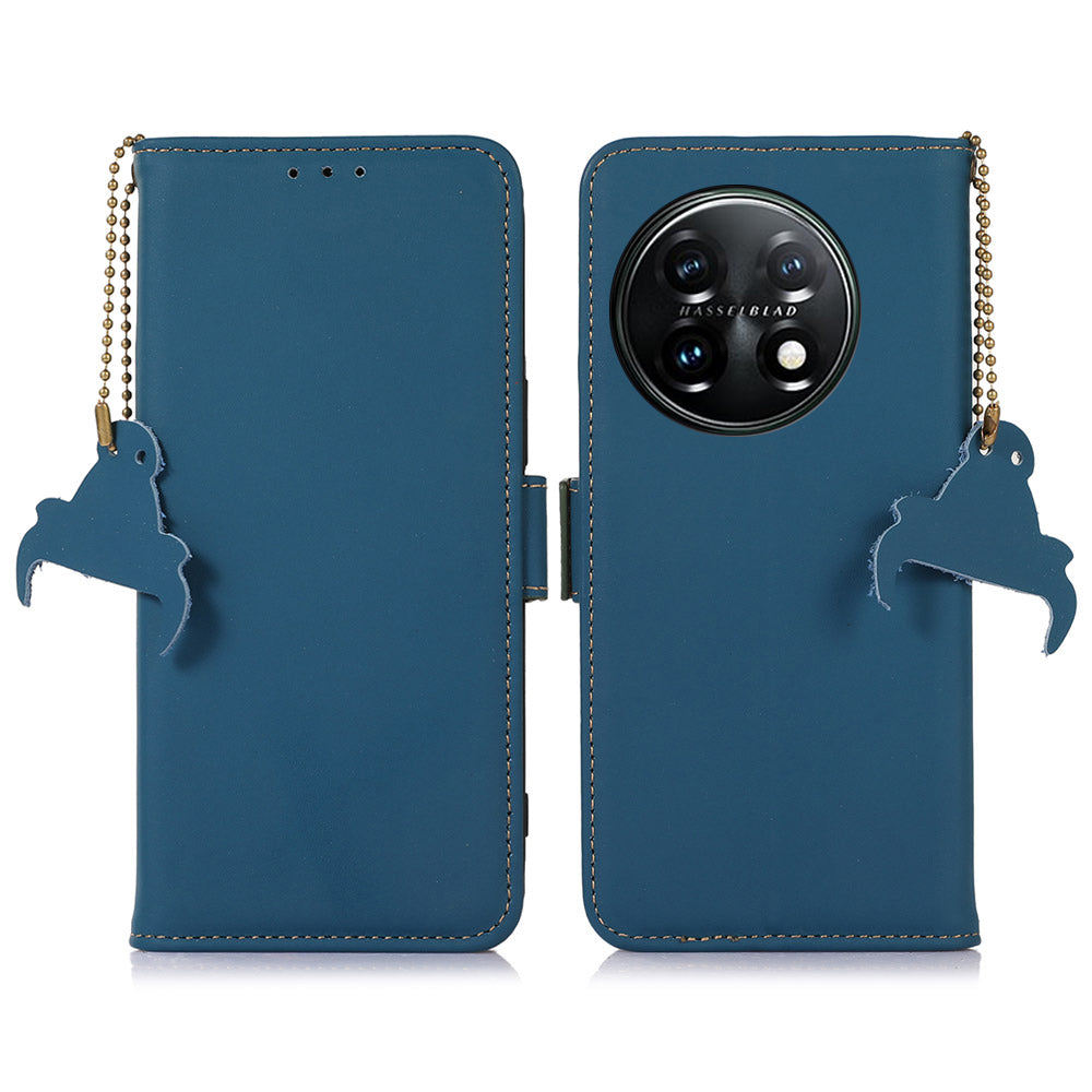 For OnePlus 11 5G Phone Case Genuine Leather Flip Cover RFID Blocking Wallet Case - Blue