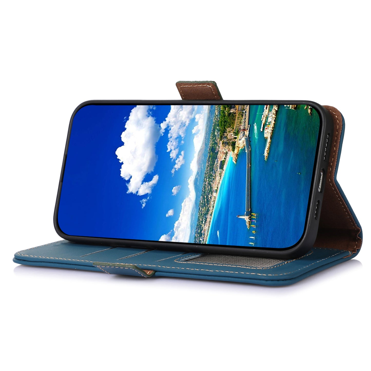 For OnePlus 11 5G Phone Case Genuine Leather Flip Cover RFID Blocking Wallet Case - Blue