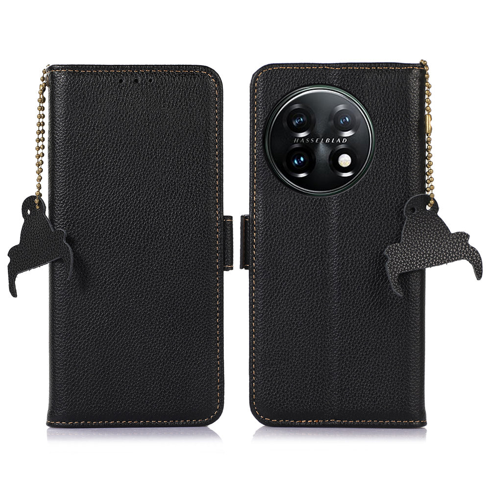 Shockproof Case for OnePlus 11 5G Genuine Leather Phone Case RFID Blocking Wallet Phone Cover with Stand - Black