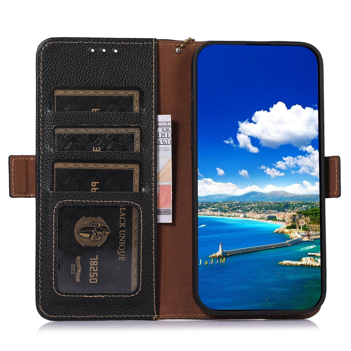 Shockproof Case for OnePlus 11 5G Genuine Leather Phone Case RFID Blocking Wallet Phone Cover with Stand - Black