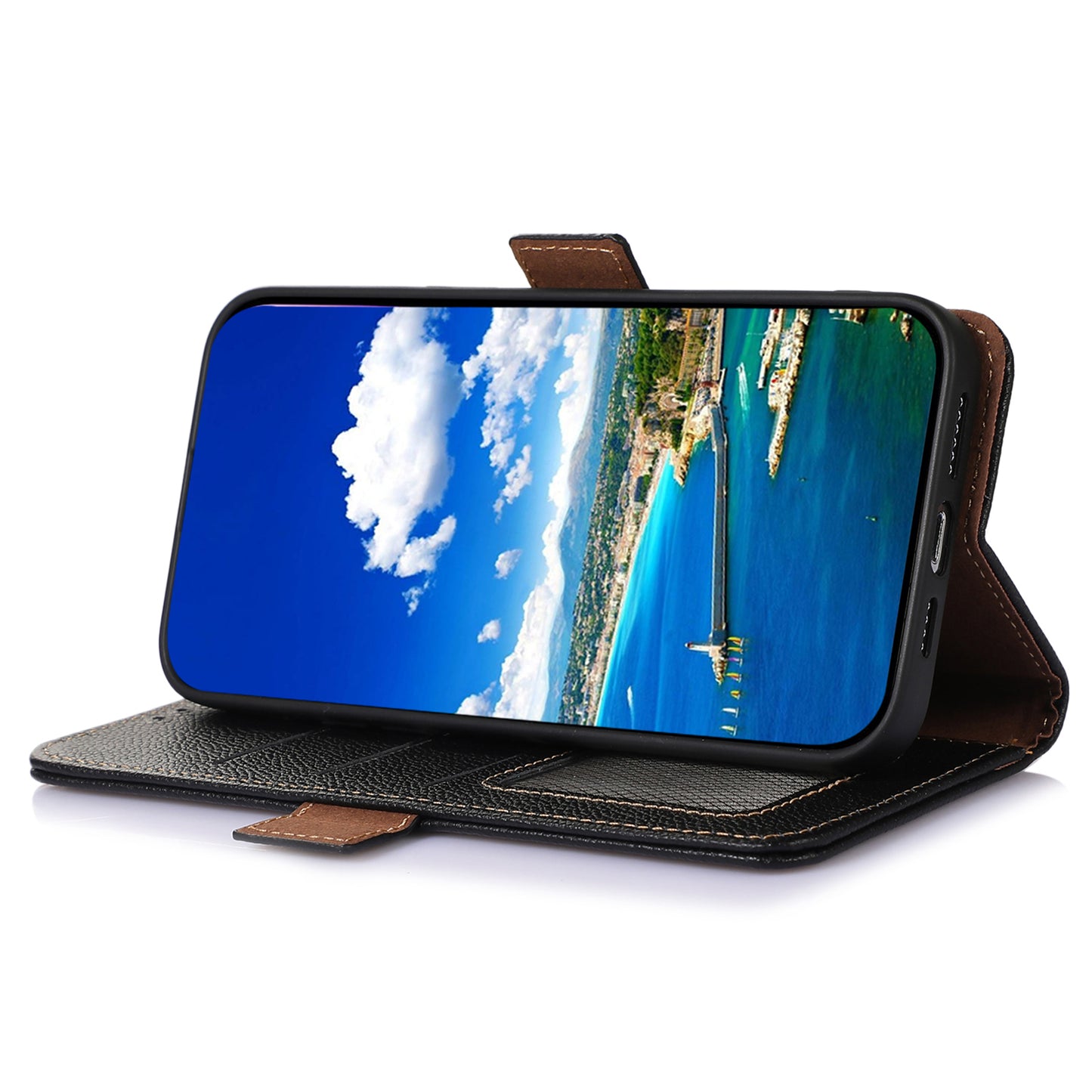 Shockproof Case for OnePlus 11 5G Genuine Leather Phone Case RFID Blocking Wallet Phone Cover with Stand - Black