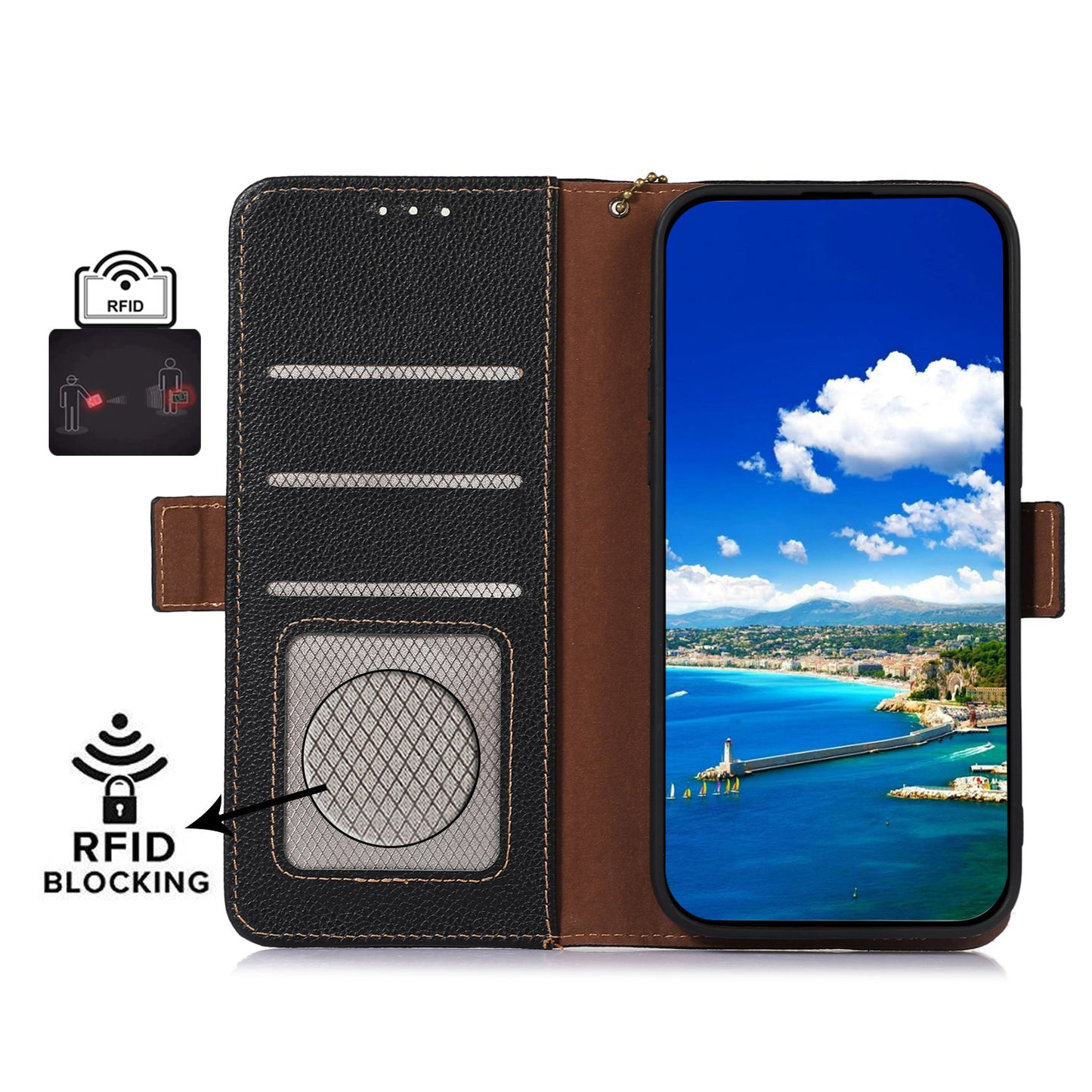 Shockproof Case for OnePlus 11 5G Genuine Leather Phone Case RFID Blocking Wallet Phone Cover with Stand - Black