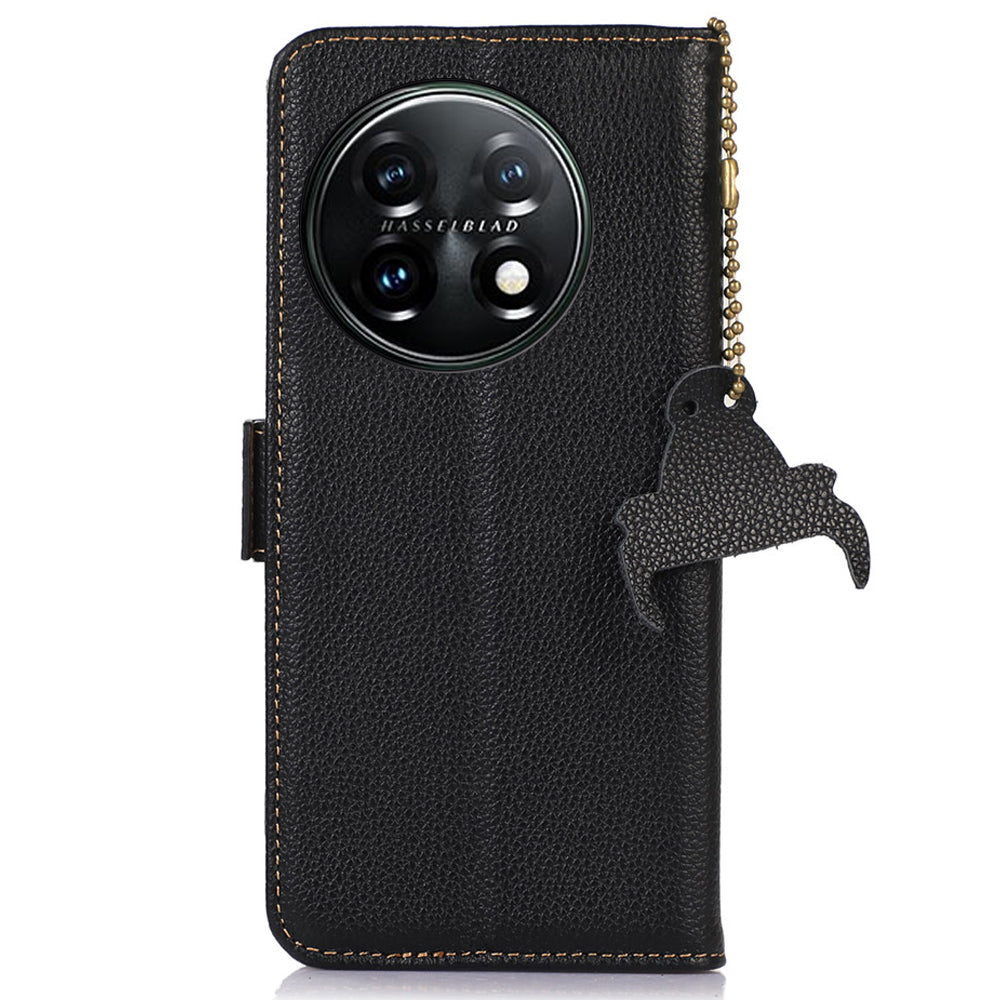 Shockproof Case for OnePlus 11 5G Genuine Leather Phone Case RFID Blocking Wallet Phone Cover with Stand - Black
