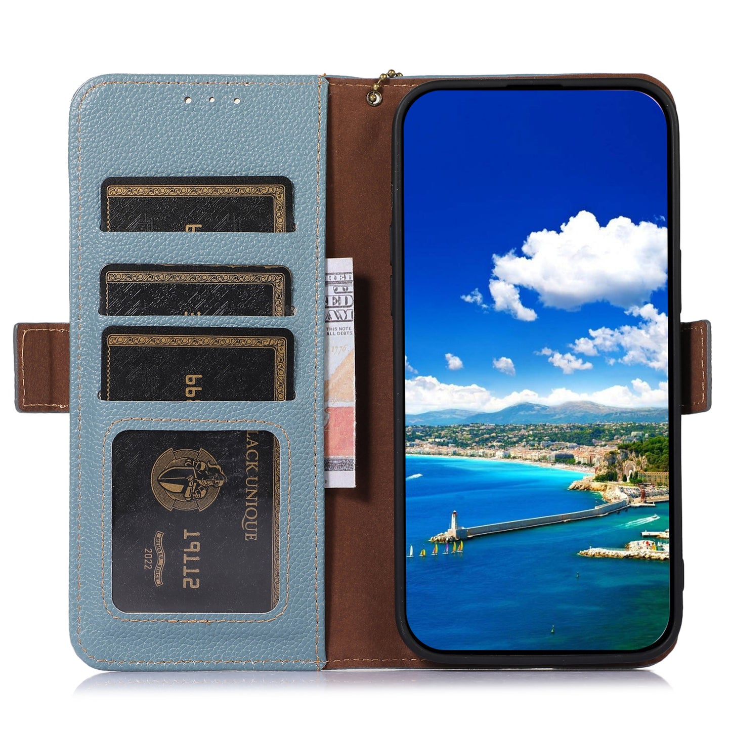 Shockproof Case for OnePlus 11 5G Genuine Leather Phone Case RFID Blocking Wallet Phone Cover with Stand - Blue