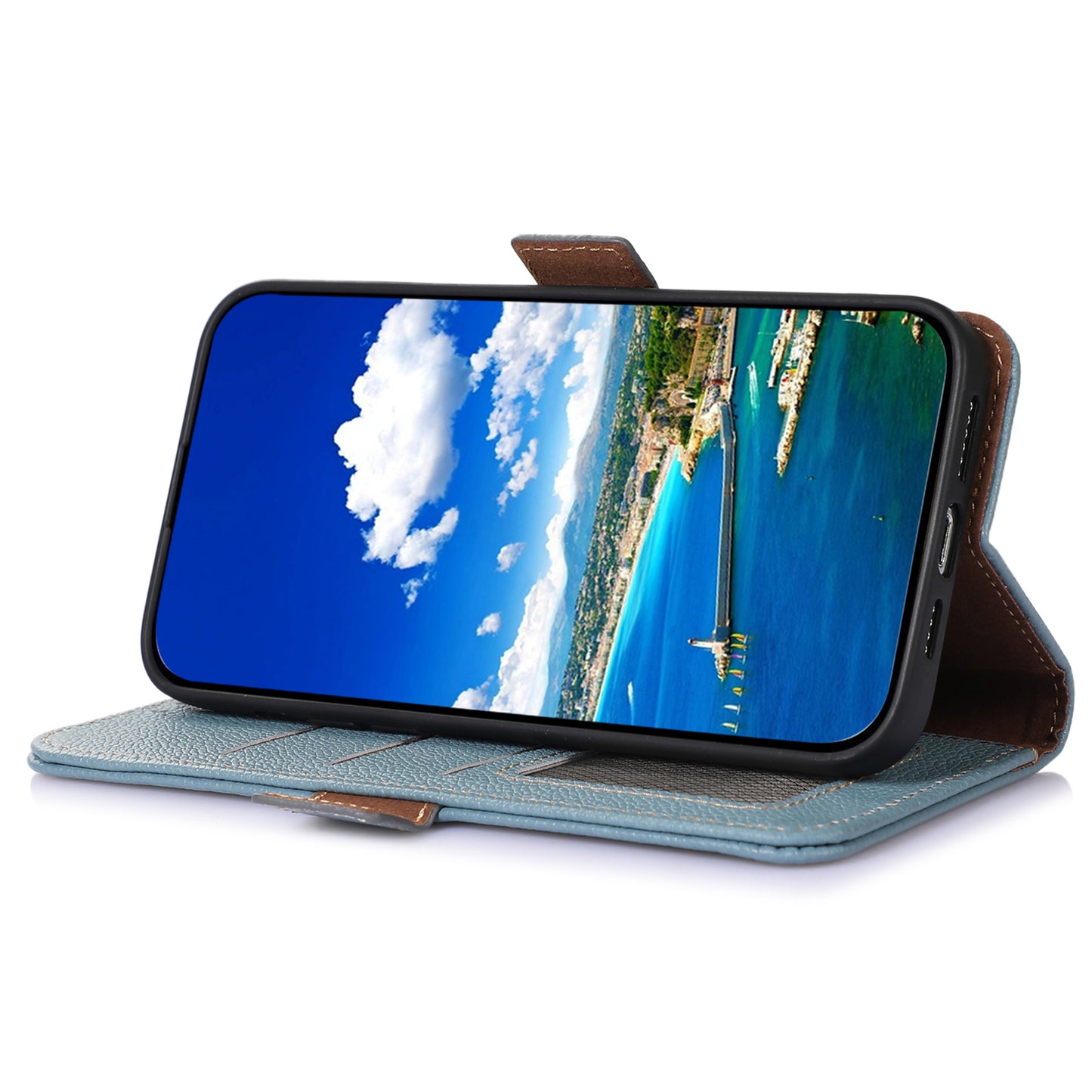 Shockproof Case for OnePlus 11 5G Genuine Leather Phone Case RFID Blocking Wallet Phone Cover with Stand - Blue