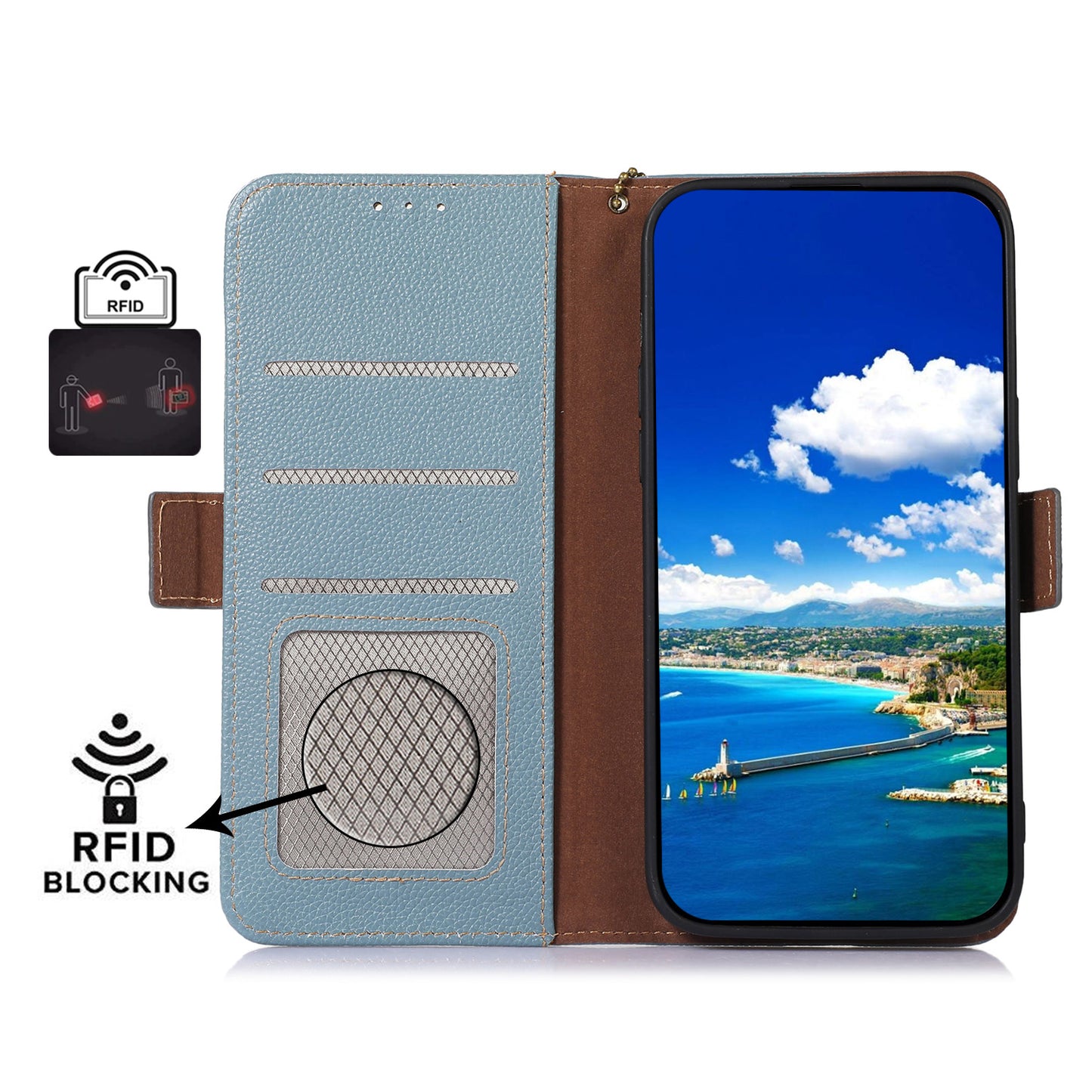 Shockproof Case for OnePlus 11 5G Genuine Leather Phone Case RFID Blocking Wallet Phone Cover with Stand - Blue