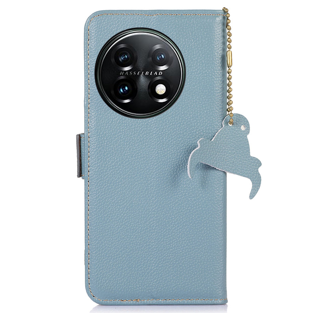 Shockproof Case for OnePlus 11 5G Genuine Leather Phone Case RFID Blocking Wallet Phone Cover with Stand - Blue