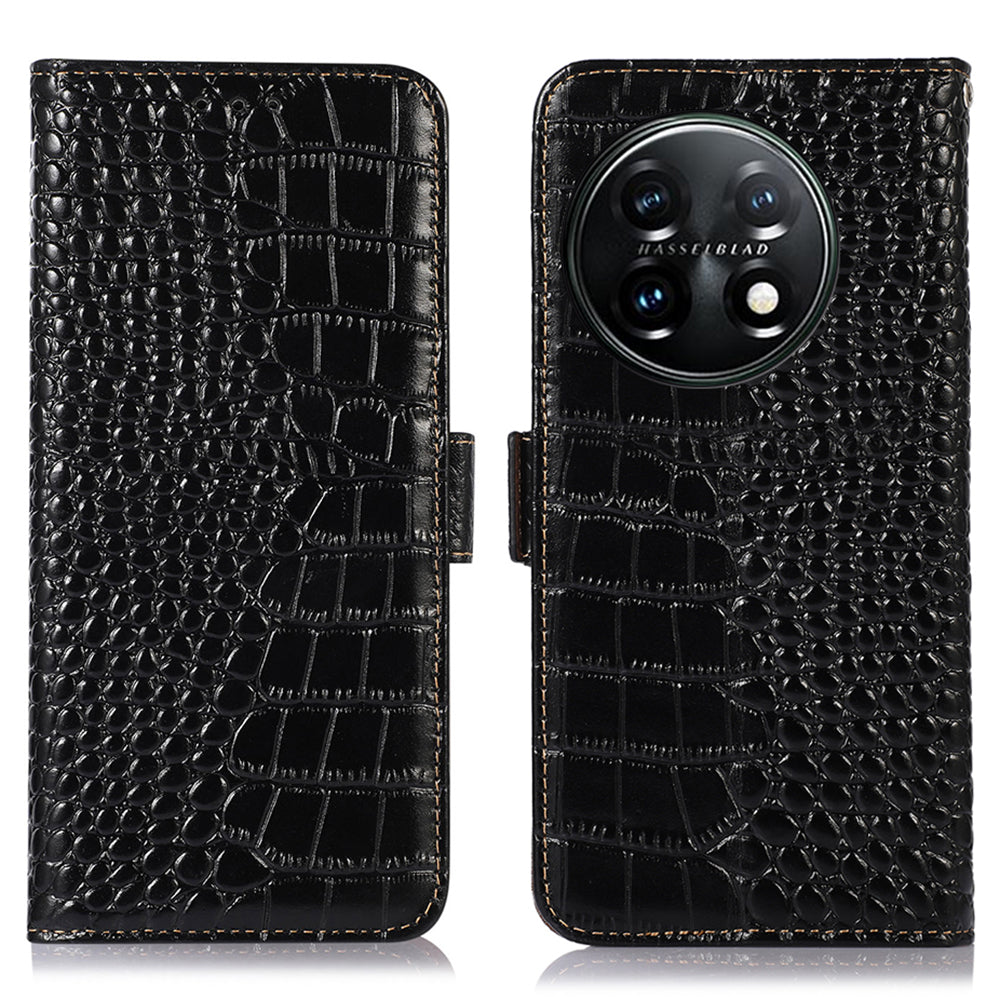 Phone Wallet Case for OnePlus 11 5G, RFID Blocking Crocodile Texture Genuine Cowhide Leather Stand Phone Cover - Black