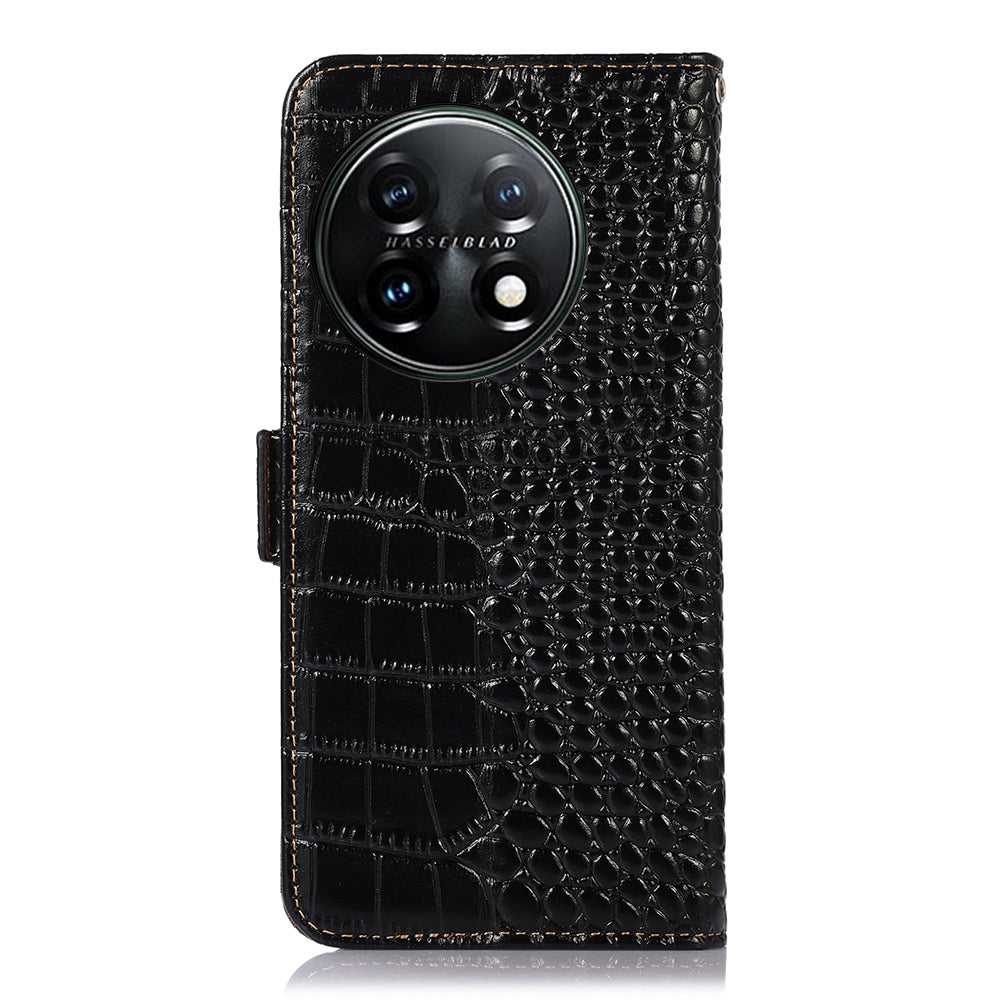 Phone Wallet Case for OnePlus 11 5G, RFID Blocking Crocodile Texture Genuine Cowhide Leather Stand Phone Cover - Black