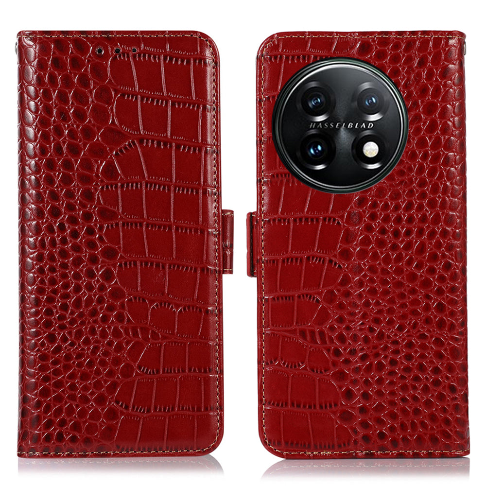 Phone Wallet Case for OnePlus 11 5G, RFID Blocking Crocodile Texture Genuine Cowhide Leather Stand Phone Cover - Red
