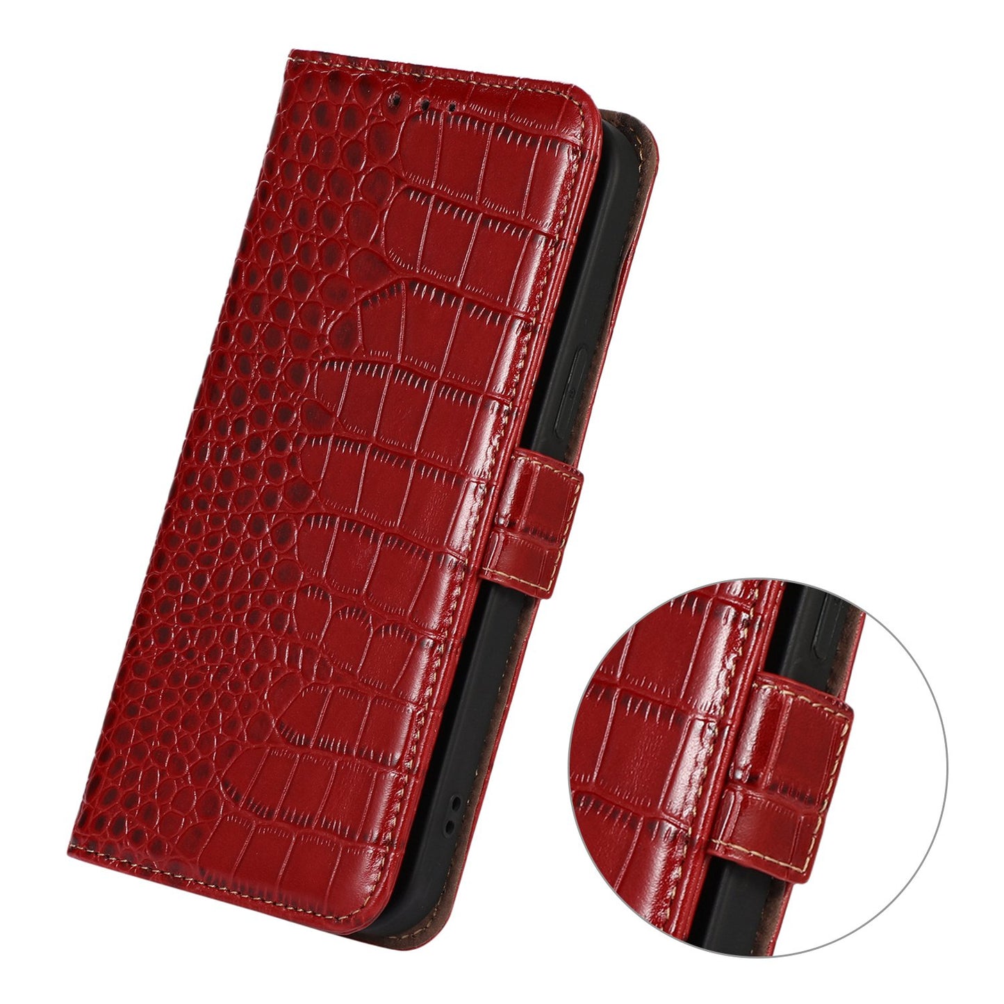 Phone Wallet Case for OnePlus 11 5G, RFID Blocking Crocodile Texture Genuine Cowhide Leather Stand Phone Cover - Red