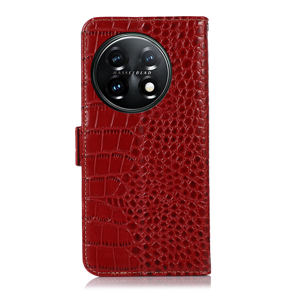 Phone Wallet Case for OnePlus 11 5G, RFID Blocking Crocodile Texture Genuine Cowhide Leather Stand Phone Cover - Red