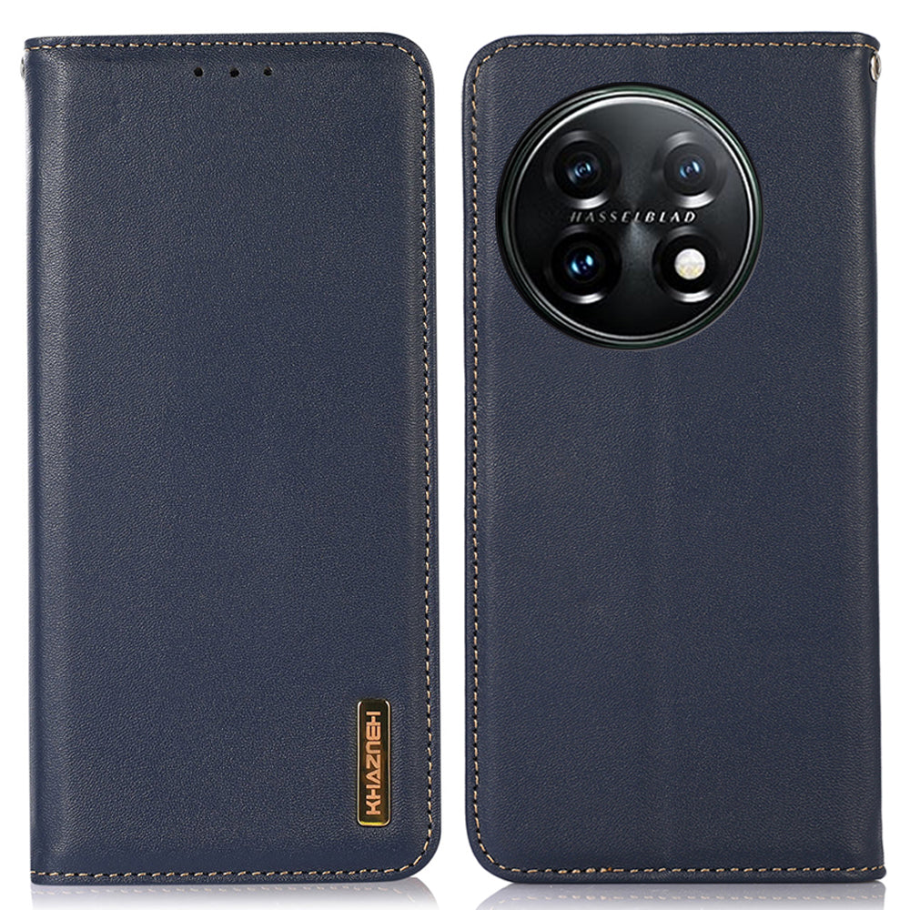 KHAZNEH Anti-drop Phone Cover For OnePlus 11 5G Genuine Cowhide Leather Nappa Texture Stand Wallet Protective Phone Case - Blue