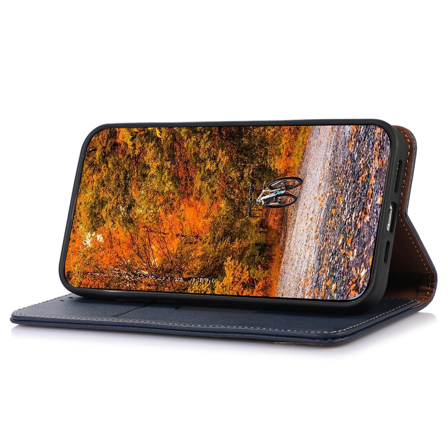 KHAZNEH Anti-drop Phone Cover For OnePlus 11 5G Genuine Cowhide Leather Nappa Texture Stand Wallet Protective Phone Case - Blue