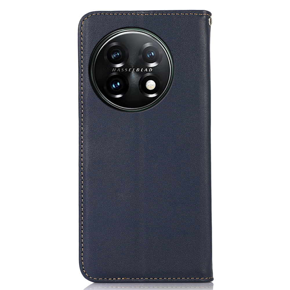KHAZNEH Anti-drop Phone Cover For OnePlus 11 5G Genuine Cowhide Leather Nappa Texture Stand Wallet Protective Phone Case - Blue